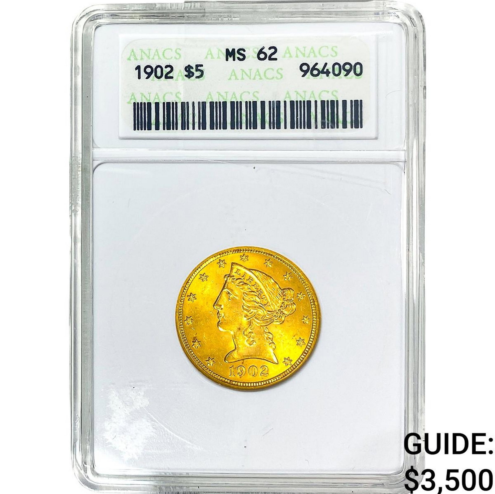 1902 $5 Gold Half Eagle ANACS MS62: 1902 $5 Gold Half Eagle ANACS MS62