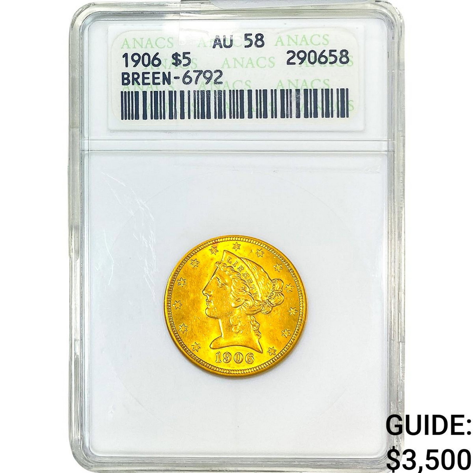 1906 $5 Gold Half Eagle ANACS AU58 Breen-6792 (1 of 4)