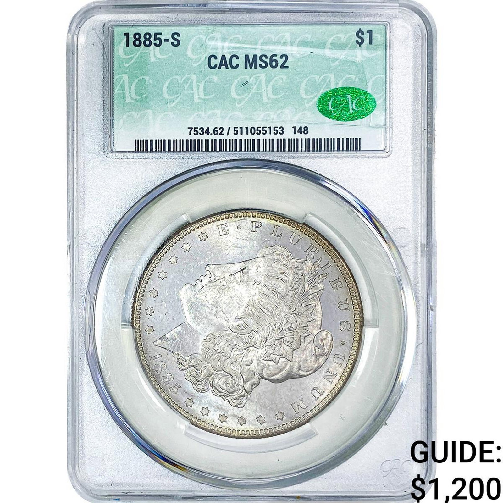 1885-S Morgan Silver Dollar CAC MS62: 1885-S Morgan Silver Dollar CAC MS62