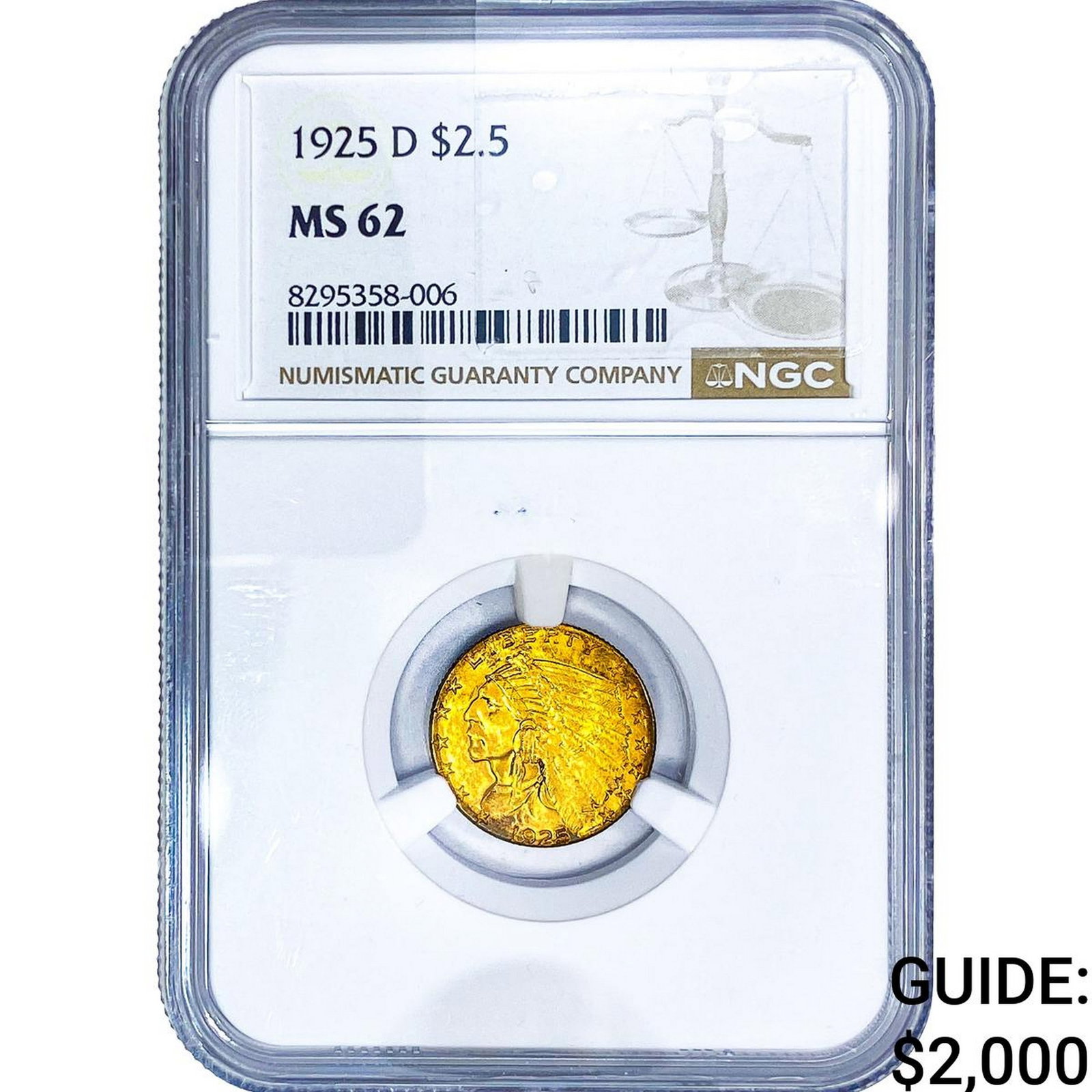 1925-D $2.50 Gold Quarter Eagle NGC MS62: 1925-D $2.50 Gold Quarter Eagle NGC MS62