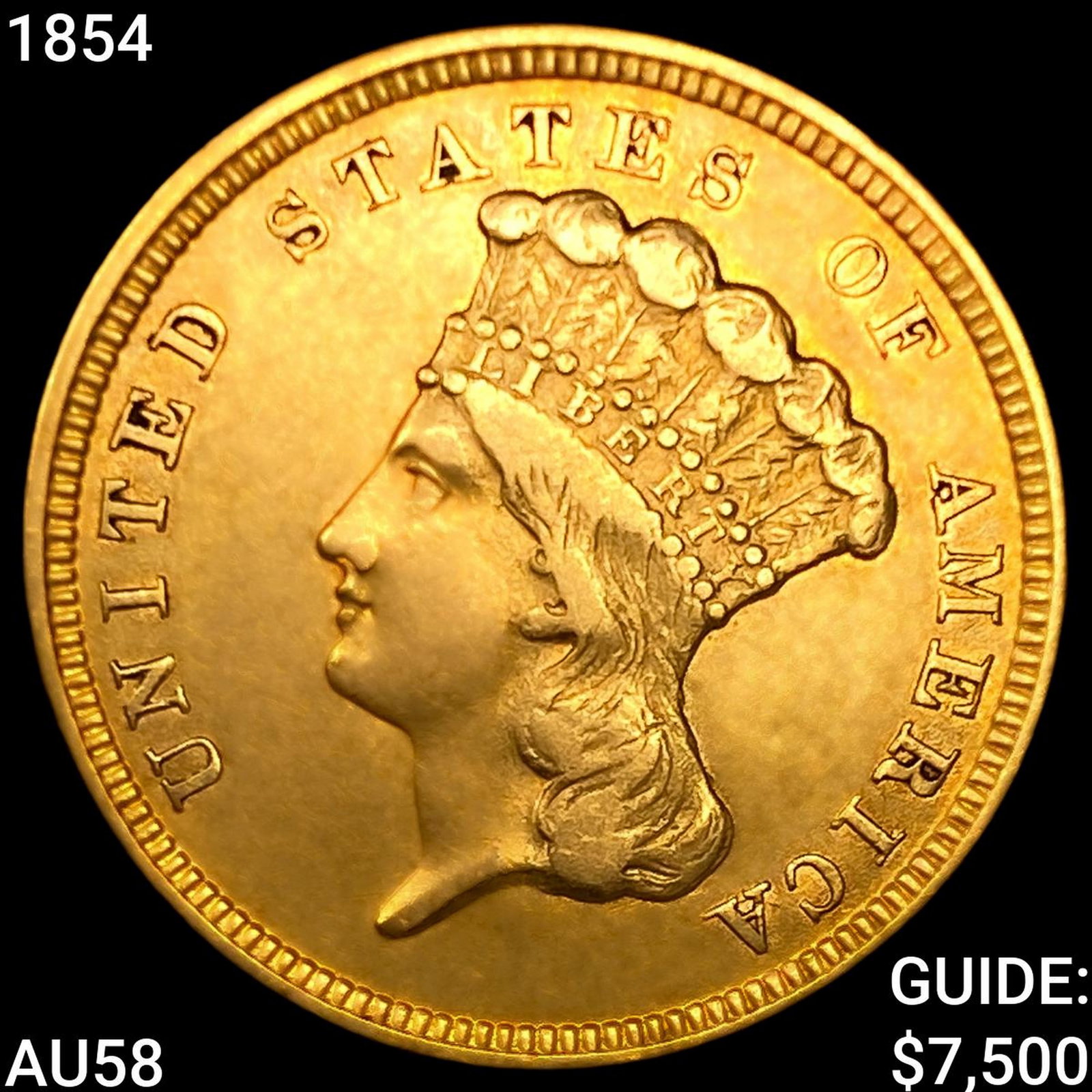 1854 $3 Gold Piece CHOICE AU: 1854 $3 Gold Piece CHOICE AU