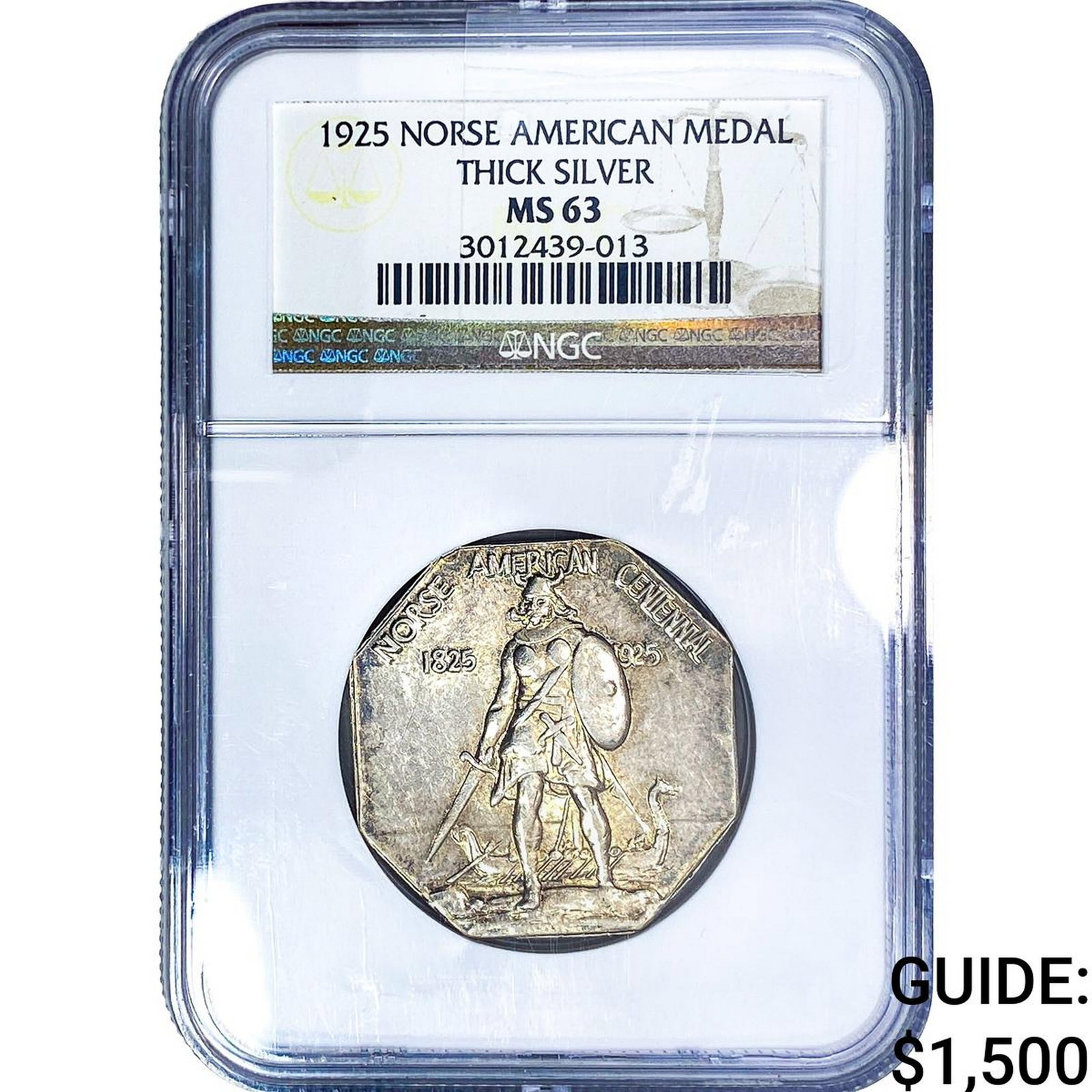 1925 Norse American Thick Silver Medal .5663oz ASW NGC MS63: 1925 Norse American Thick Silver Medal .5663oz ASW NGC MS63