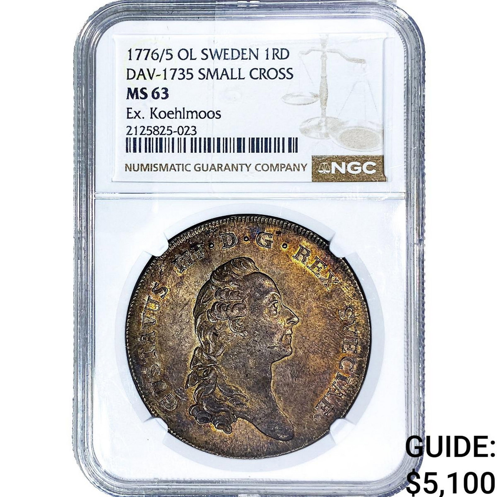 1776/5 OL Sweden Silver Riksdaler DAV-1735 Sm Cross NGC MS63: 1776/5 OL Sweden Silver Riksdaler DAV-1735 Sm Cross NGC MS63