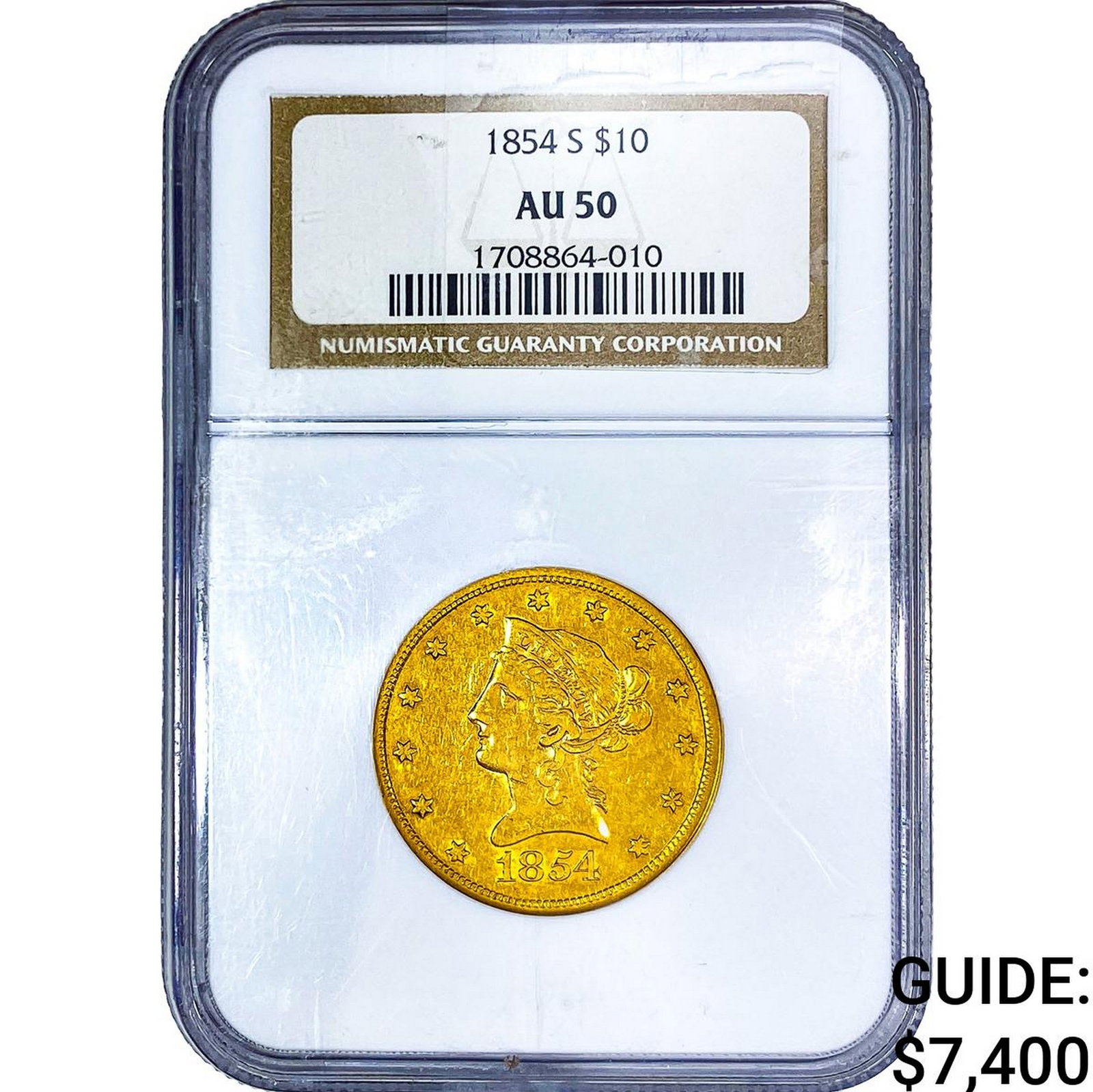 1854-S $10 Gold Eagle NGC AU50: 1854-S $10 Gold Eagle NGC AU50