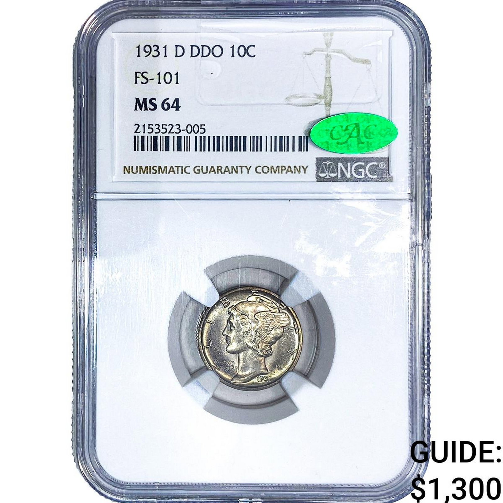 1931-D CAC Mercury Silver Dime NGC MS64 DDO FS-101: 1931-D CAC Mercury Silver Dime NGC MS64 DDO FS-101