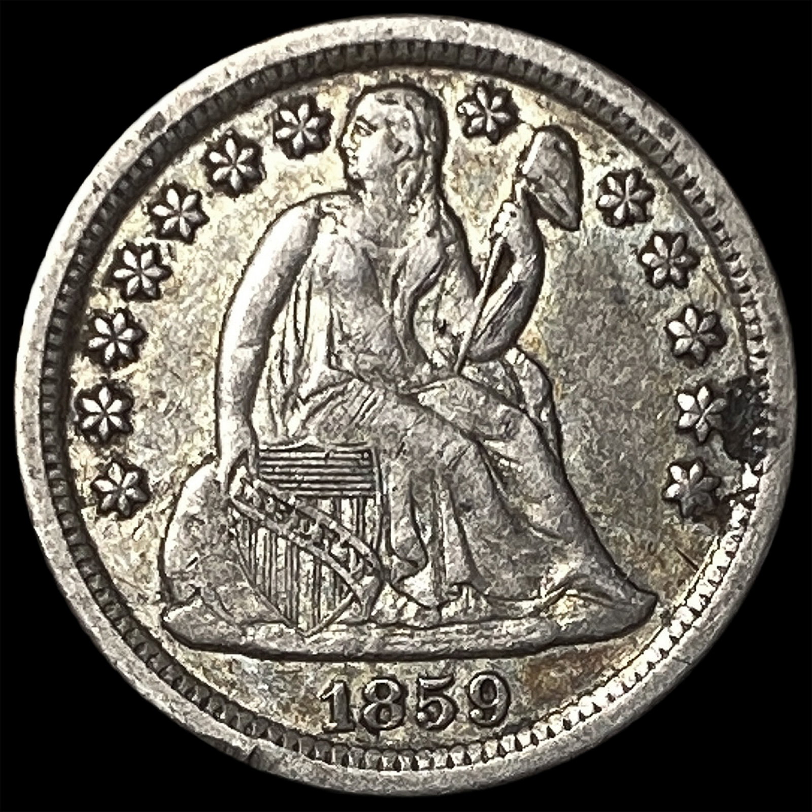 1859-O Silver Seated Liberty Dime CLOSELY UNCIRCULATED: 1859-O Silver Seated Liberty Dime CLOSELY UNCIRCULATED