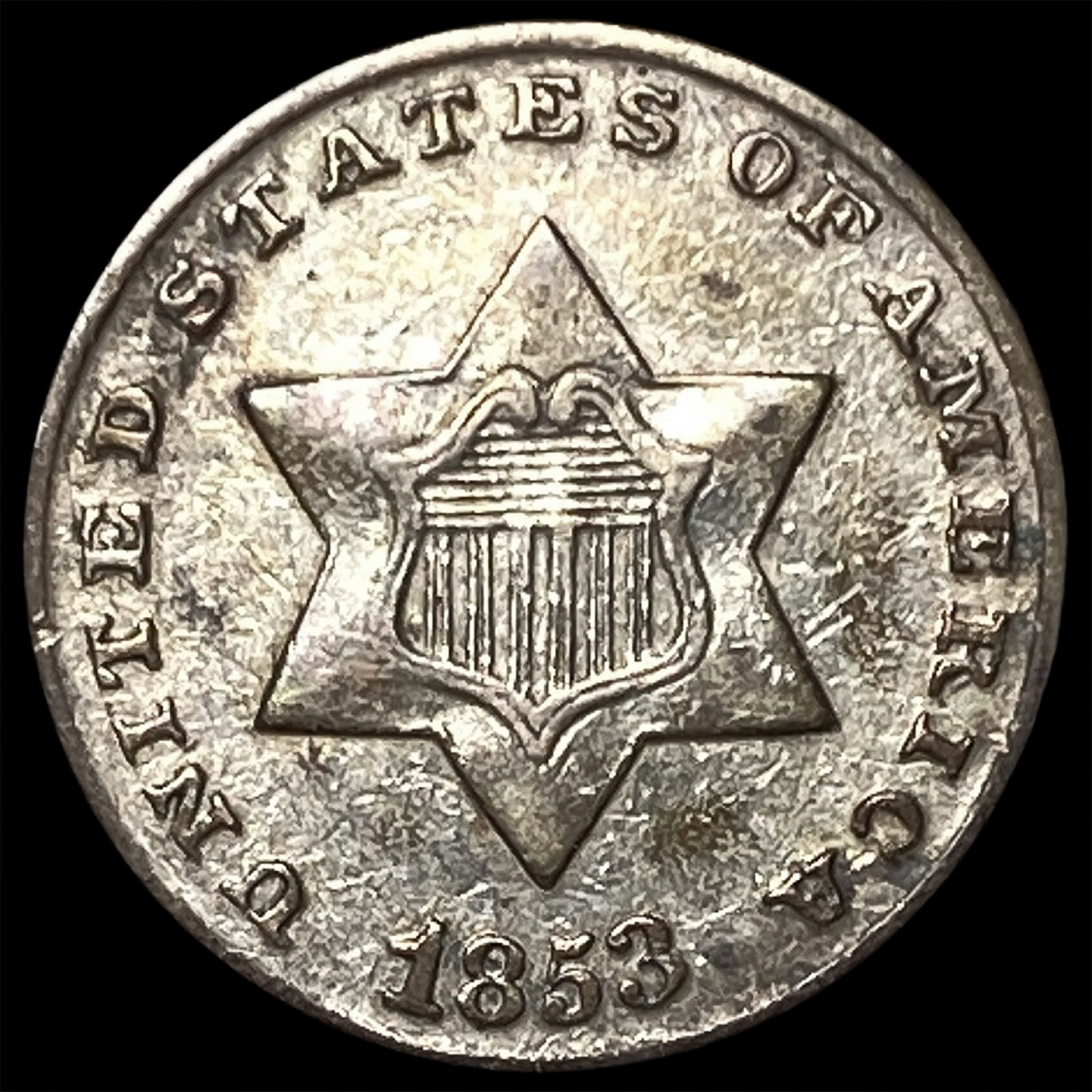 1853 Silver Three-Cent Piece NEARLY UNCIRCULATED: 1853 Silver Three-Cent Piece NEARLY UNCIRCULATED