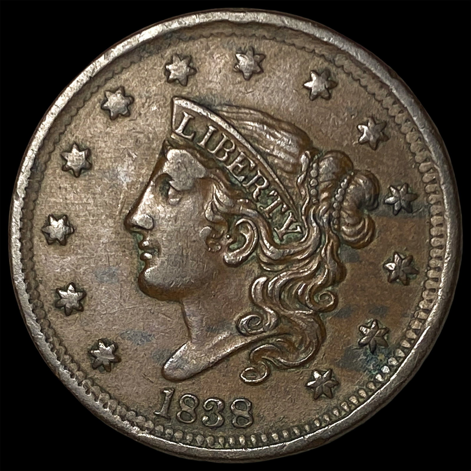 1838 Coronet Head Large Cent CHOICE AU: 1838 Coronet Head Large Cent CHOICE AU