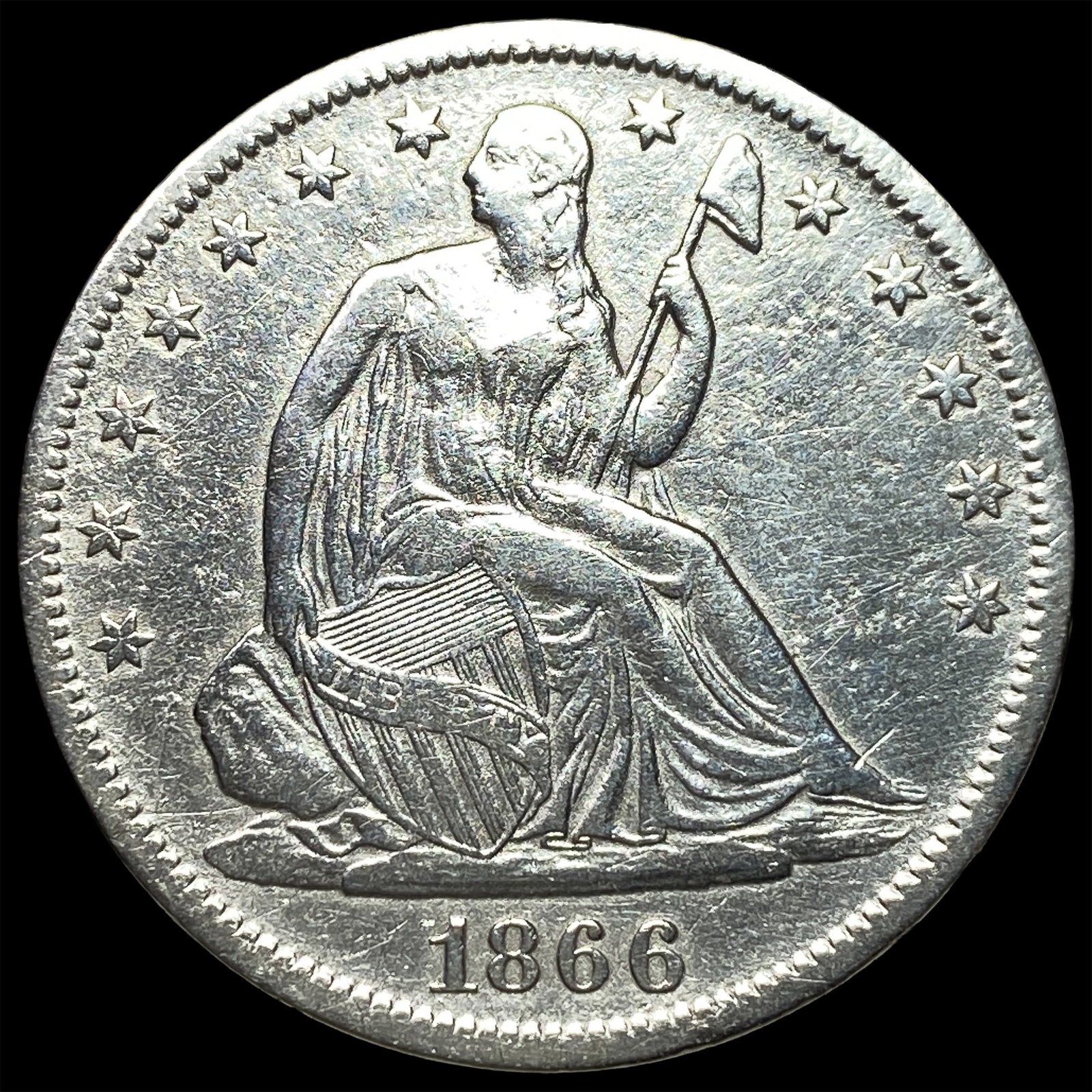 1866-S Silver Seated Liberty Half Dollar ABOUT UNCIRCULATED: 1866-S Silver Seated Liberty Half Dollar ABOUT UNCIRCULATED