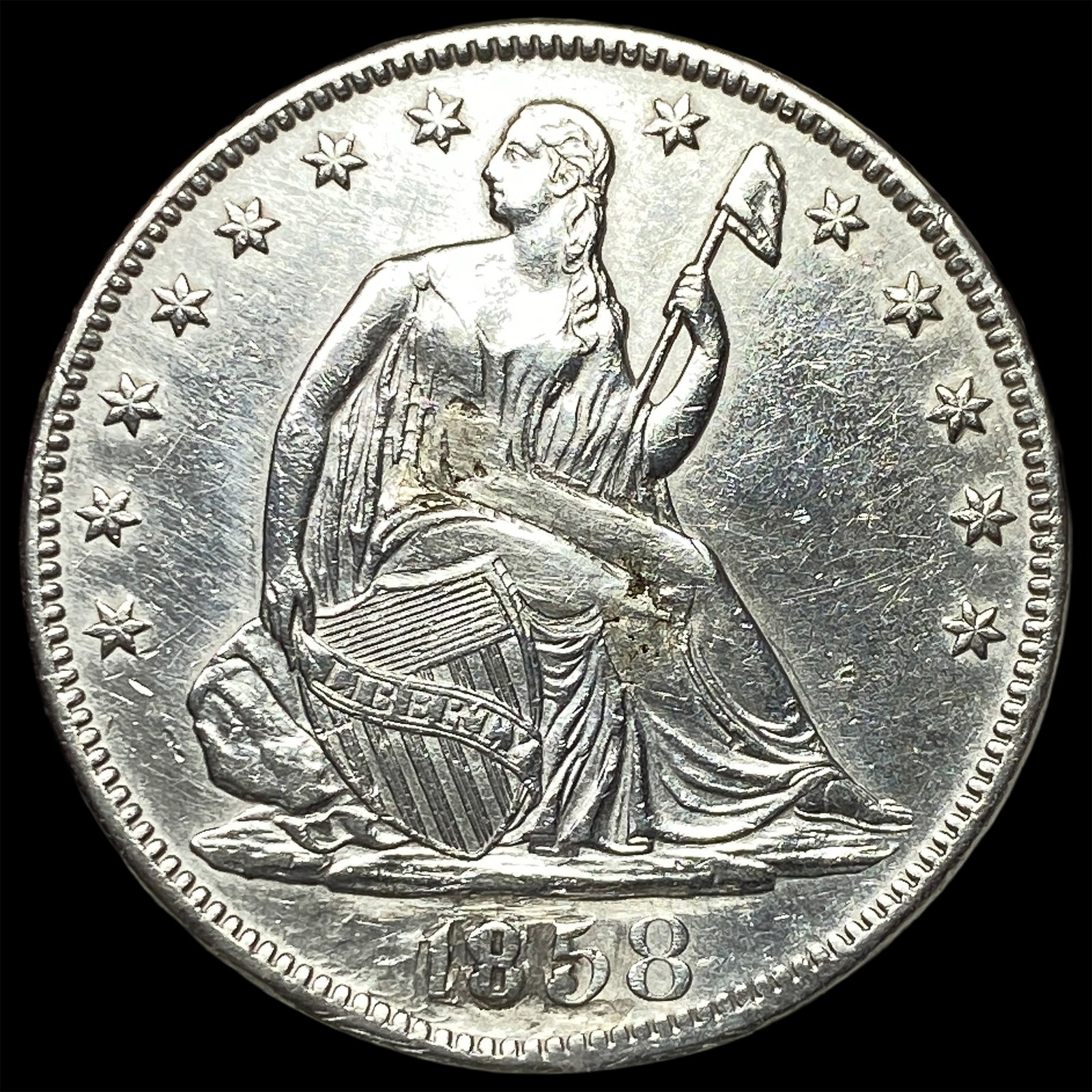 1858-S Silver Seated Liberty Half Dollar UNCIRCULATED: 1858-S Silver Seated Liberty Half Dollar UNCIRCULATED