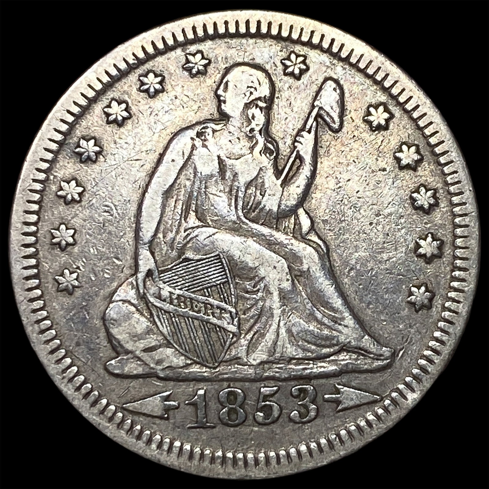 1853 Arrows/Rays Seated Liberty Quarter NEARLY UNCIRCULATED: 1853 Arrows/Rays Seated Liberty Quarter NEARLY UNCIRCULATED