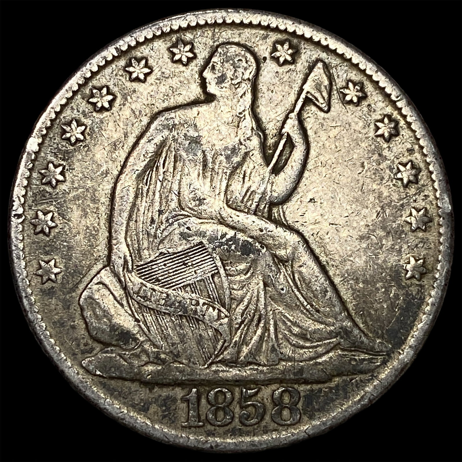 1858-O Silver Seated Liberty Half Dollar ABOUT UNCIRCULATED: 1858-O Silver Seated Liberty Half Dollar ABOUT UNCIRCULATED