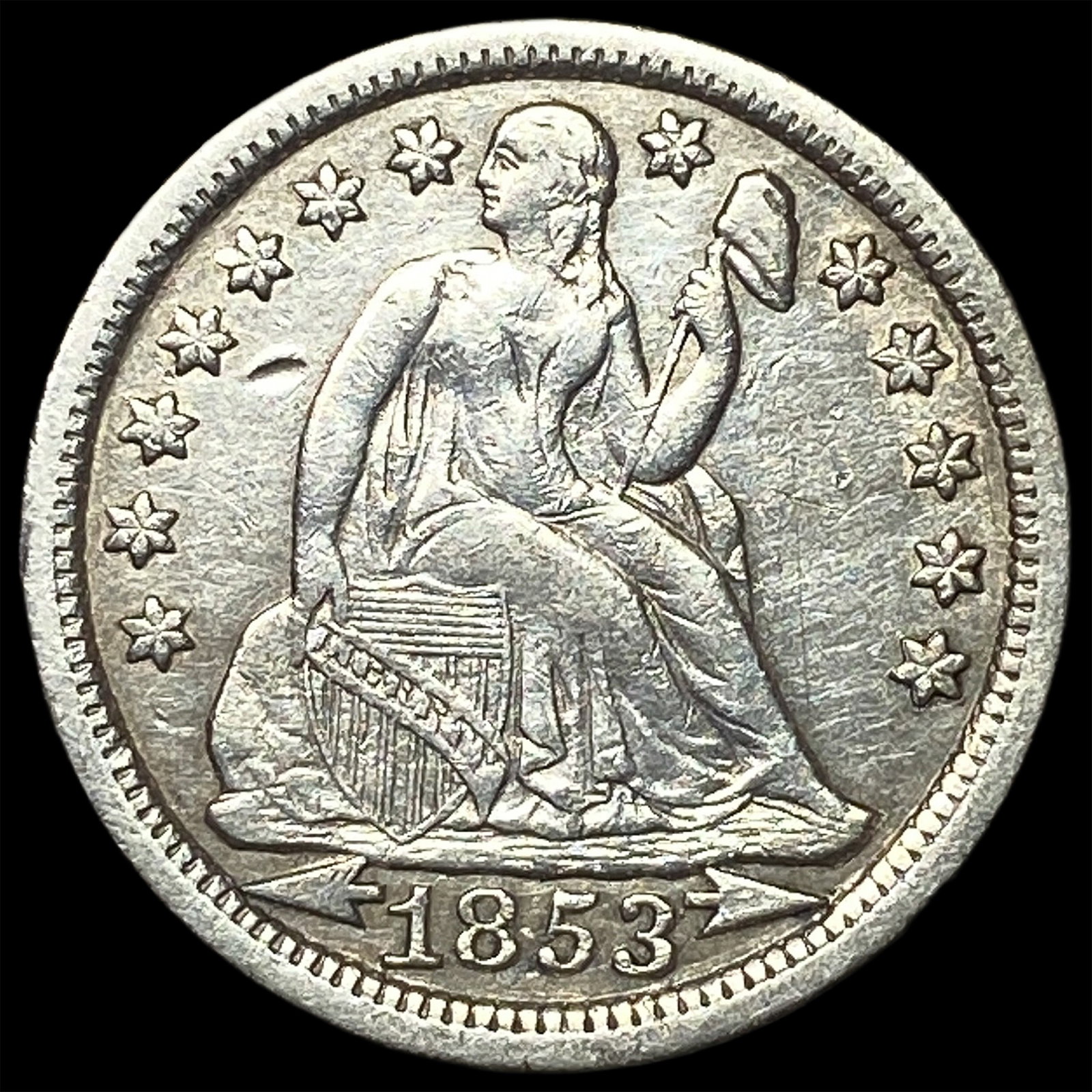 1853 Arrows Seated Liberty Dime CLOSELY UNCIRCULATED: 1853 Arrows Seated Liberty Dime CLOSELY UNCIRCULATED