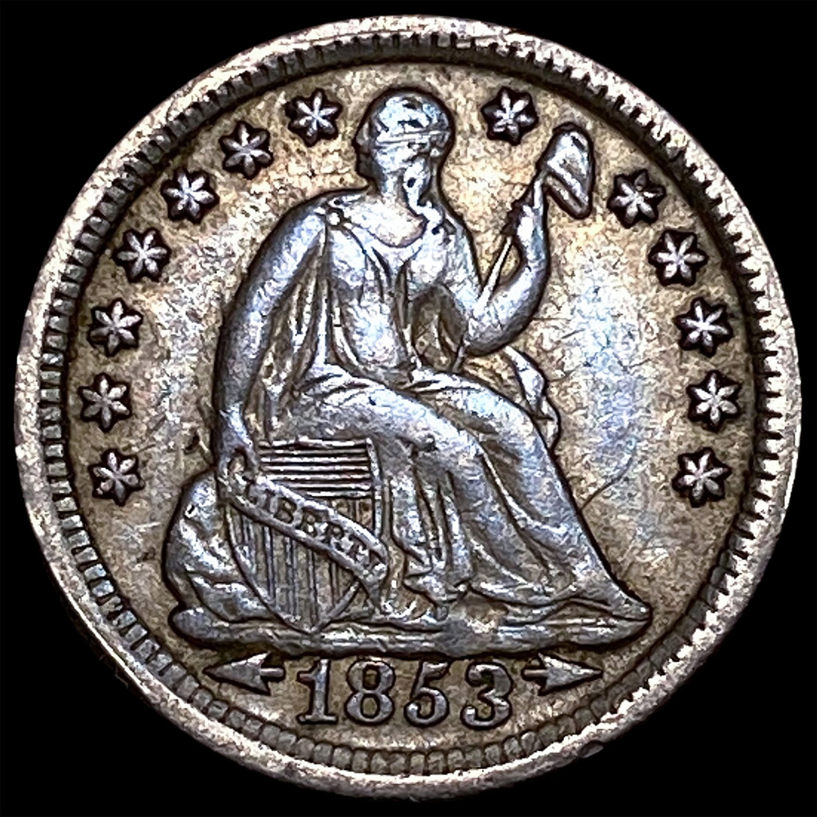 1853 Arrows Seated Liberty Half Dime CLOSELY UNCIRCULATED: 1853 Arrows Seated Liberty Half Dime CLOSELY UNCIRCULATED