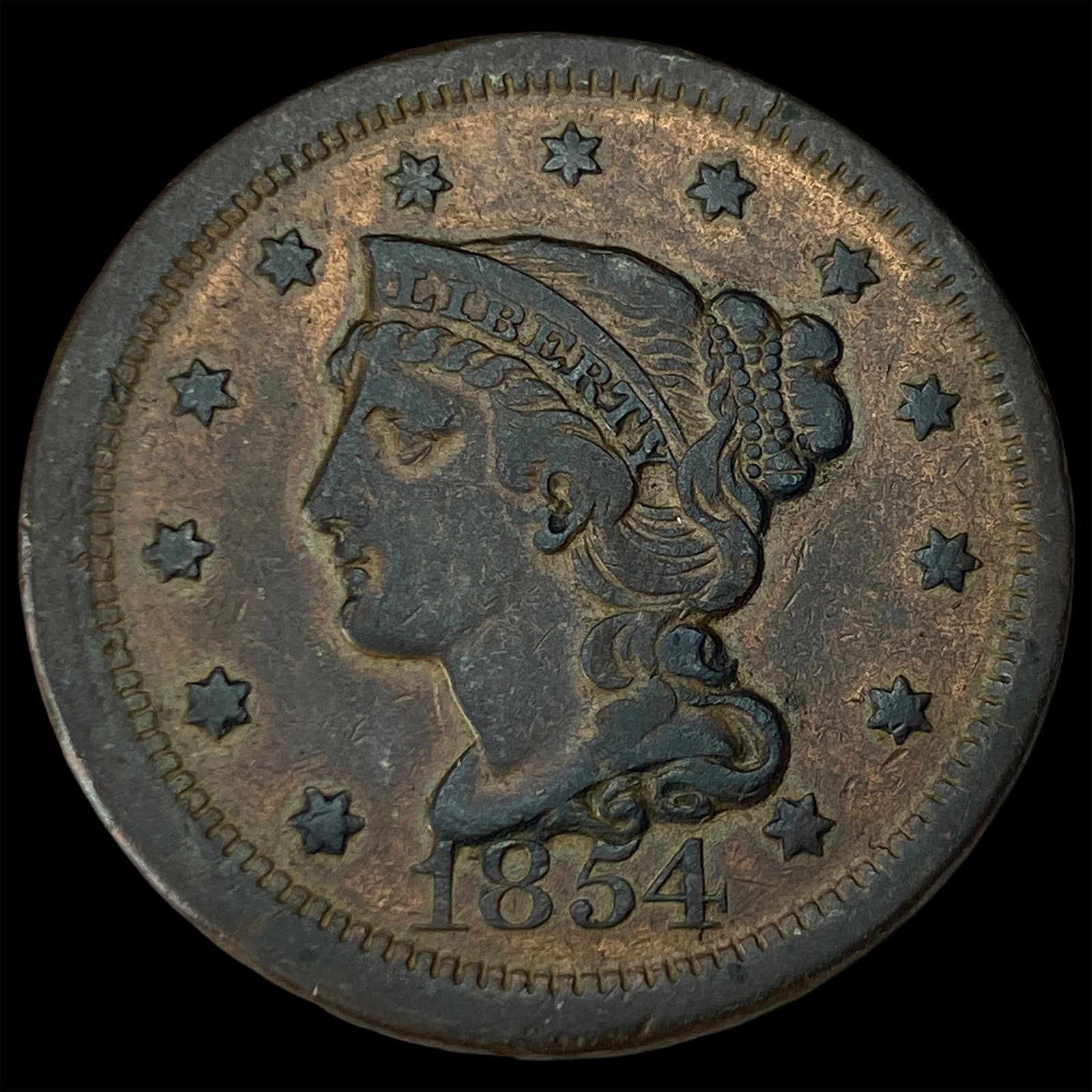 1854 RB Braided Hair Large Cent NEARLY UNCIRCULATED: 1854 RB Braided Hair Large Cent NEARLY UNCIRCULATED