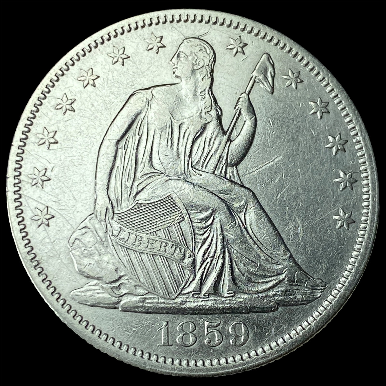 1859 Silver Half Dollar (Seated Liberty) CLOSELY UNCIRCULATED: 1859 Silver Half Dollar (Seated Liberty) CLOSELY UNCIRCULATED