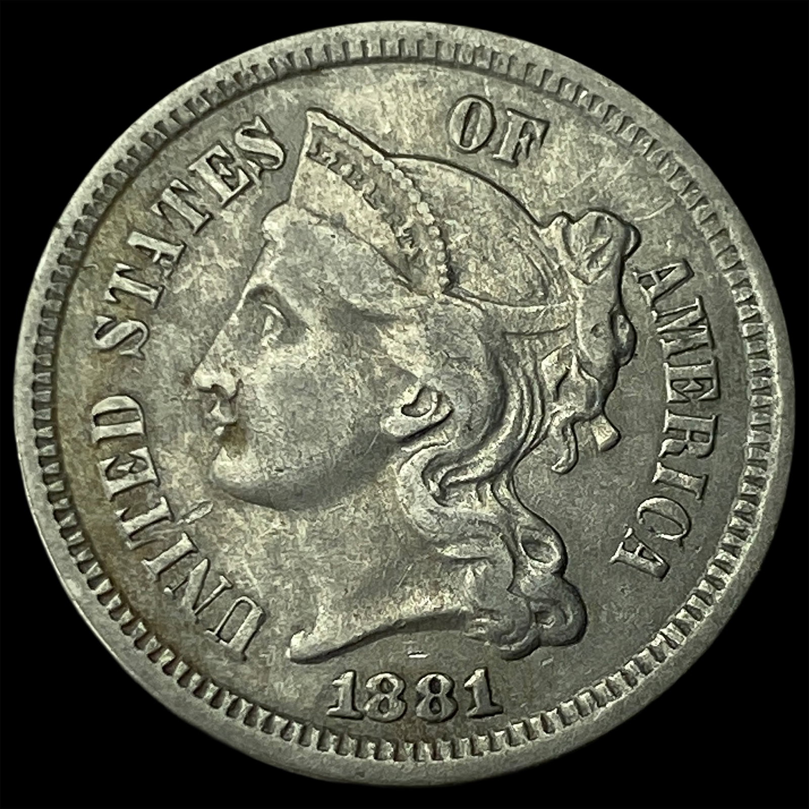 1881 Nickel Three-Cent Piece NEARLY UNCIRCULATED: 1881 Nickel Three-Cent Piece NEARLY UNCIRCULATED