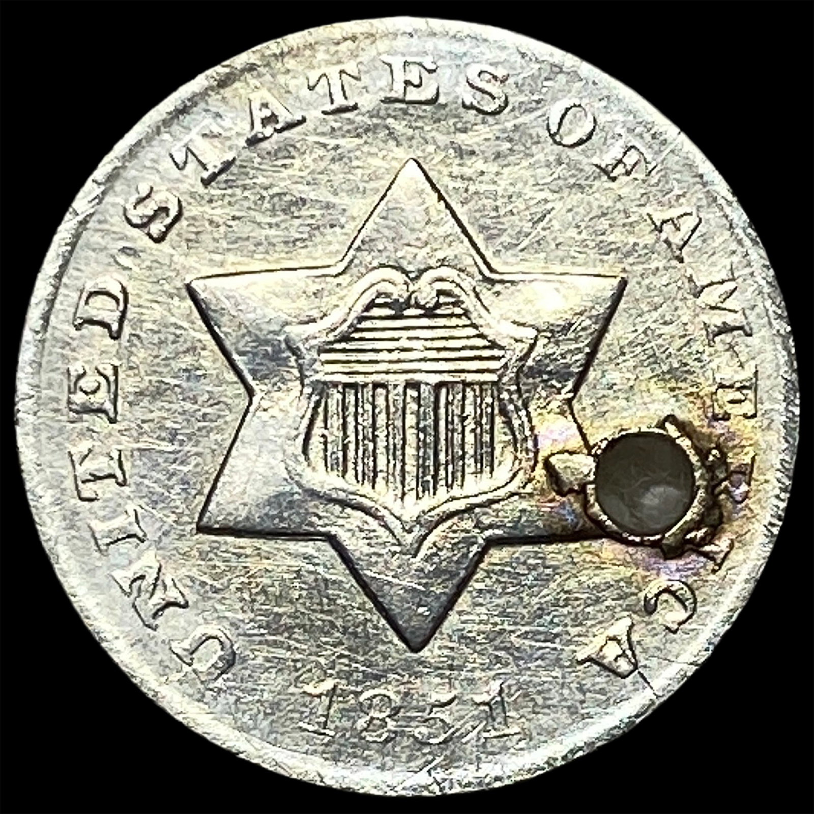 1851-O Silver Three-Cent Piece (Holed) HIGH GRADE (1 of 2)