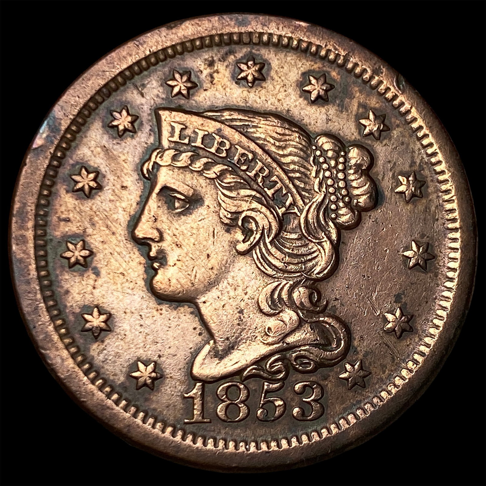 1853 Braided Hair Large Cent CLOSELY UNCIRCULATED: 1853 Braided Hair Large Cent CLOSELY UNCIRCULATED