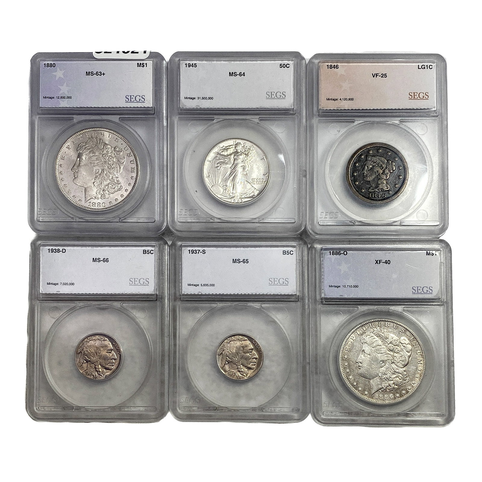 [6 Coins] 1846-1945 U.S. Lot 1C-$1 SEGS XF/VF/MS25-66: [6 Coins] 1846-1945 U.S. Lot 1C-$1 SEGS XF/VF/MS25-66