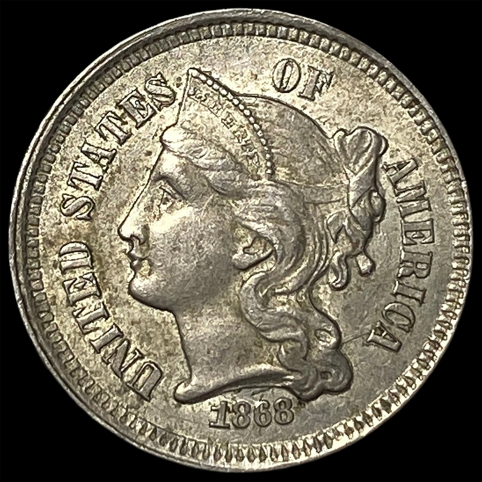 1868 Nickel Three-Cent Piece ABOUT UNCIRCULATED: 1868 Nickel Three-Cent Piece ABOUT UNCIRCULATED