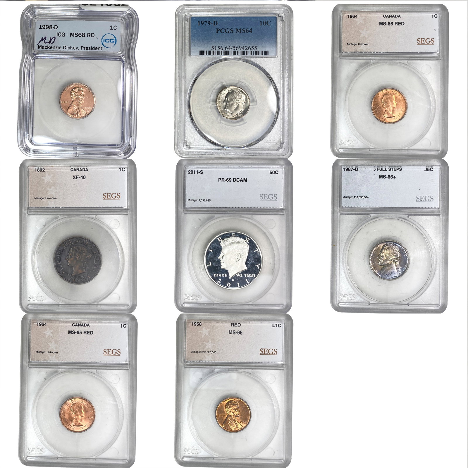 [8 Coins] 1892-2011 U.S. & Canada Coin Lot 1C-50C PR/XF/MS40-69: [8 Coins] 1892-2011 U.S. & Canada Coin Lot 1C-50C PR/XF/MS40-69