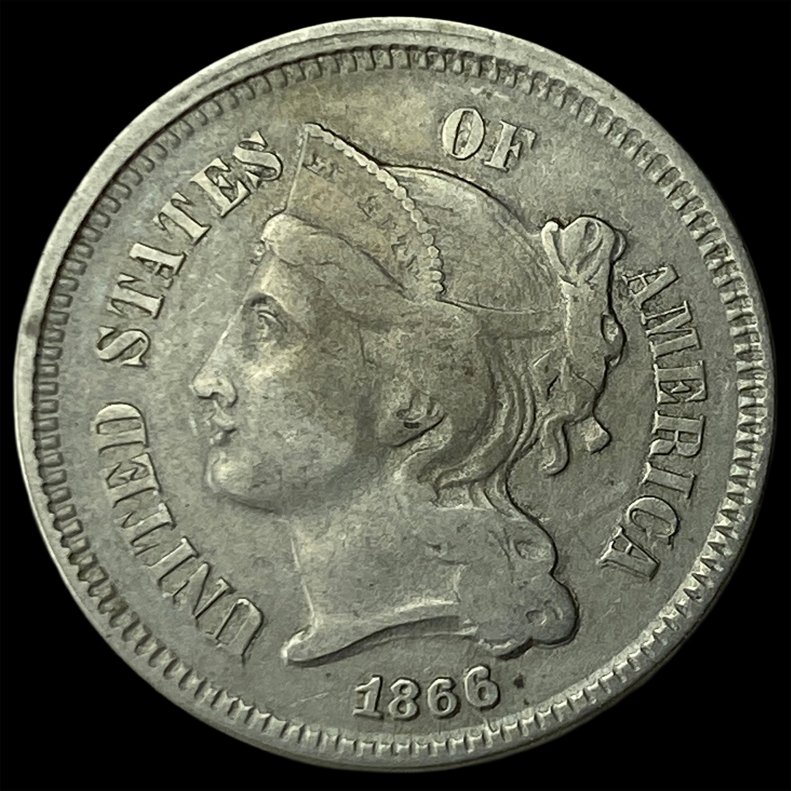 1866 Nickel Three-Cent Piece CLOSELY UNCIRCULATED: 1866 Nickel Three-Cent Piece CLOSELY UNCIRCULATED