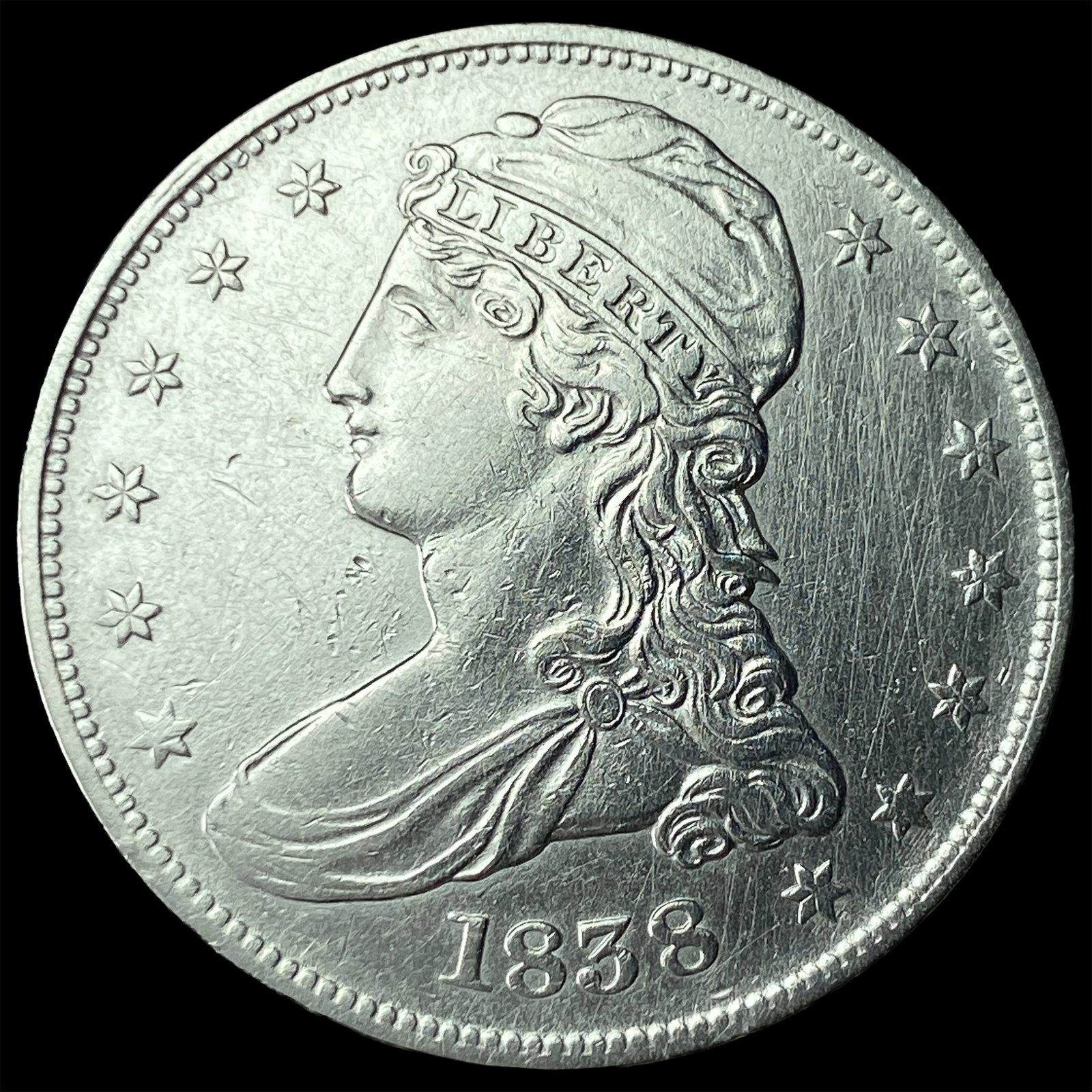 1838 Silver Half Dollar (Capped Bust) NEARLY UNCIRCULATED: 1838 Silver Half Dollar (Capped Bust) NEARLY UNCIRCULATED
