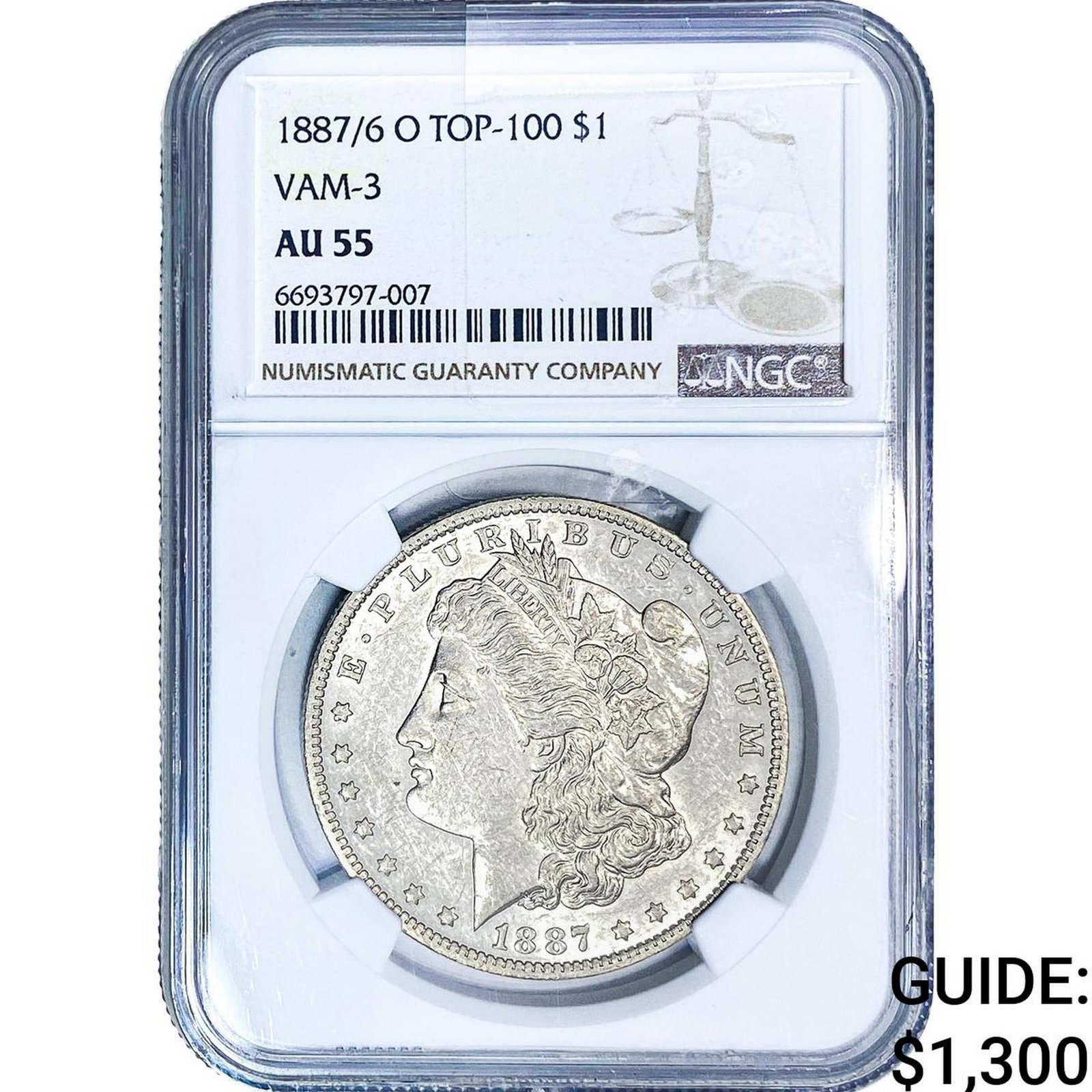 1887/6-O Morgan Silver Dollar NGC AU55 VAM-3: 1887/6-O Morgan Silver Dollar NGC AU55 VAM-3