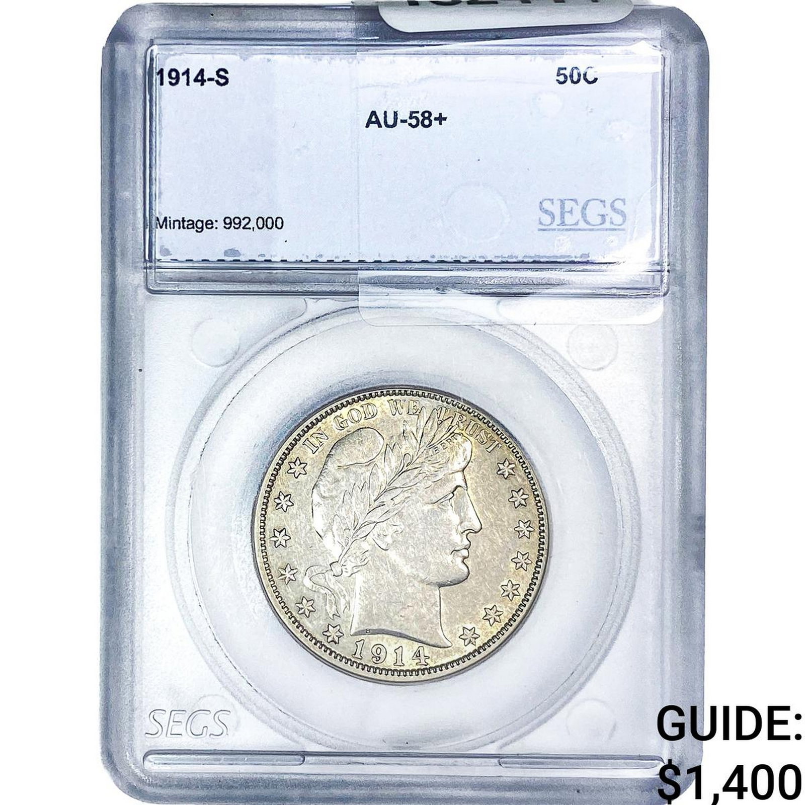 1914-S Barber Half Dollar SEGS AU58+: 1914-S Barber Half Dollar SEGS AU58+