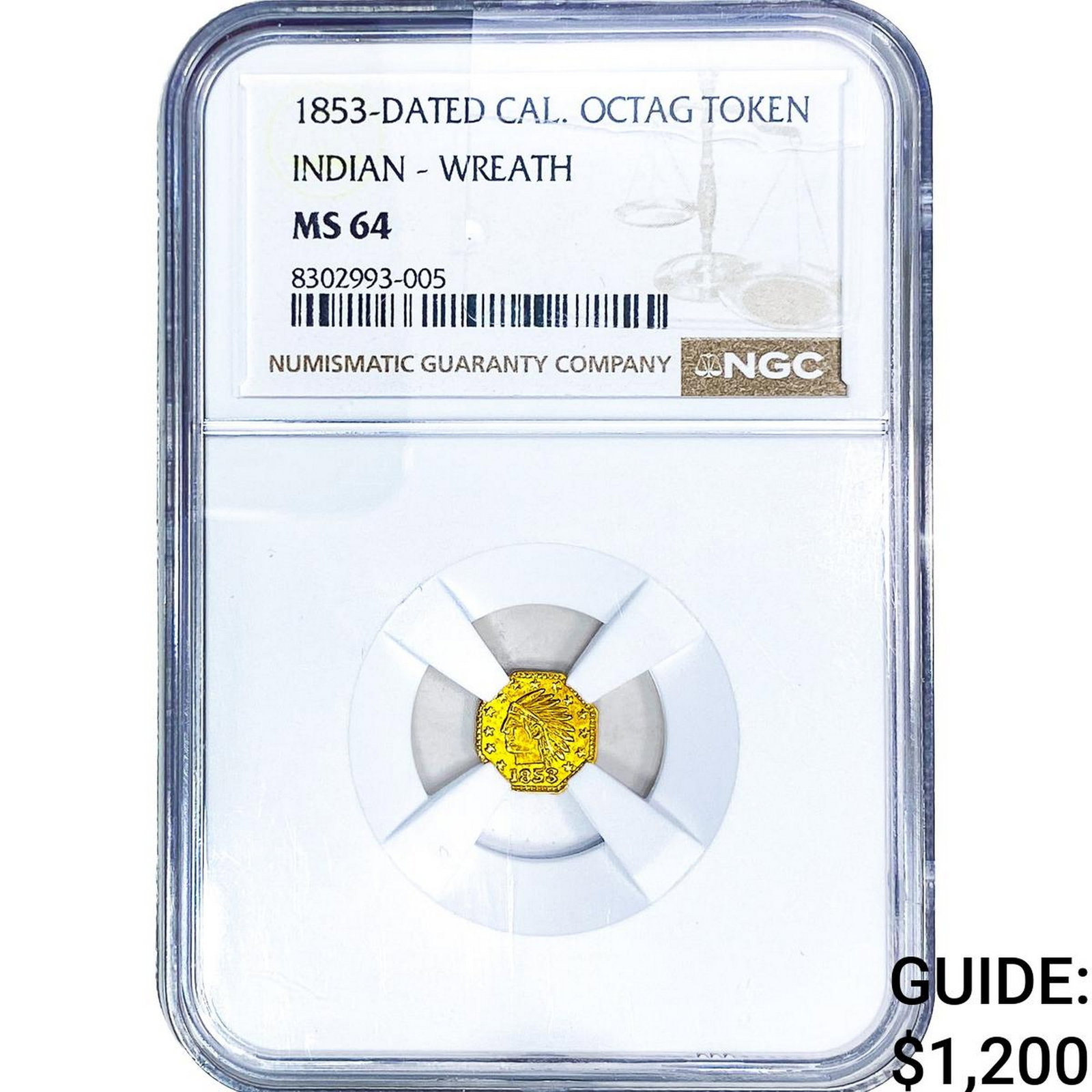 1853 Octagonal California Gold Token-Indian Wreath NGC MS64: 1853 Octagonal California Gold Token-Indian Wreath NGC MS64
