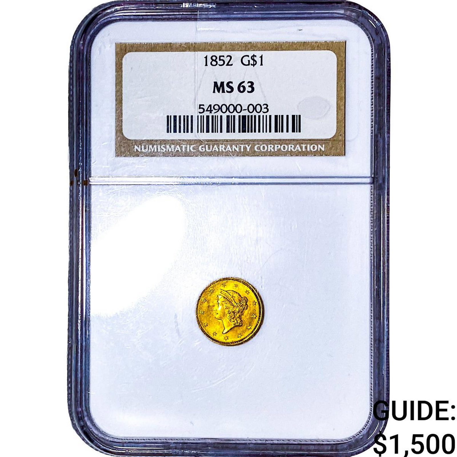 1852 Rare Gold Dollar NGC MS63: 1852 Rare Gold Dollar NGC MS63