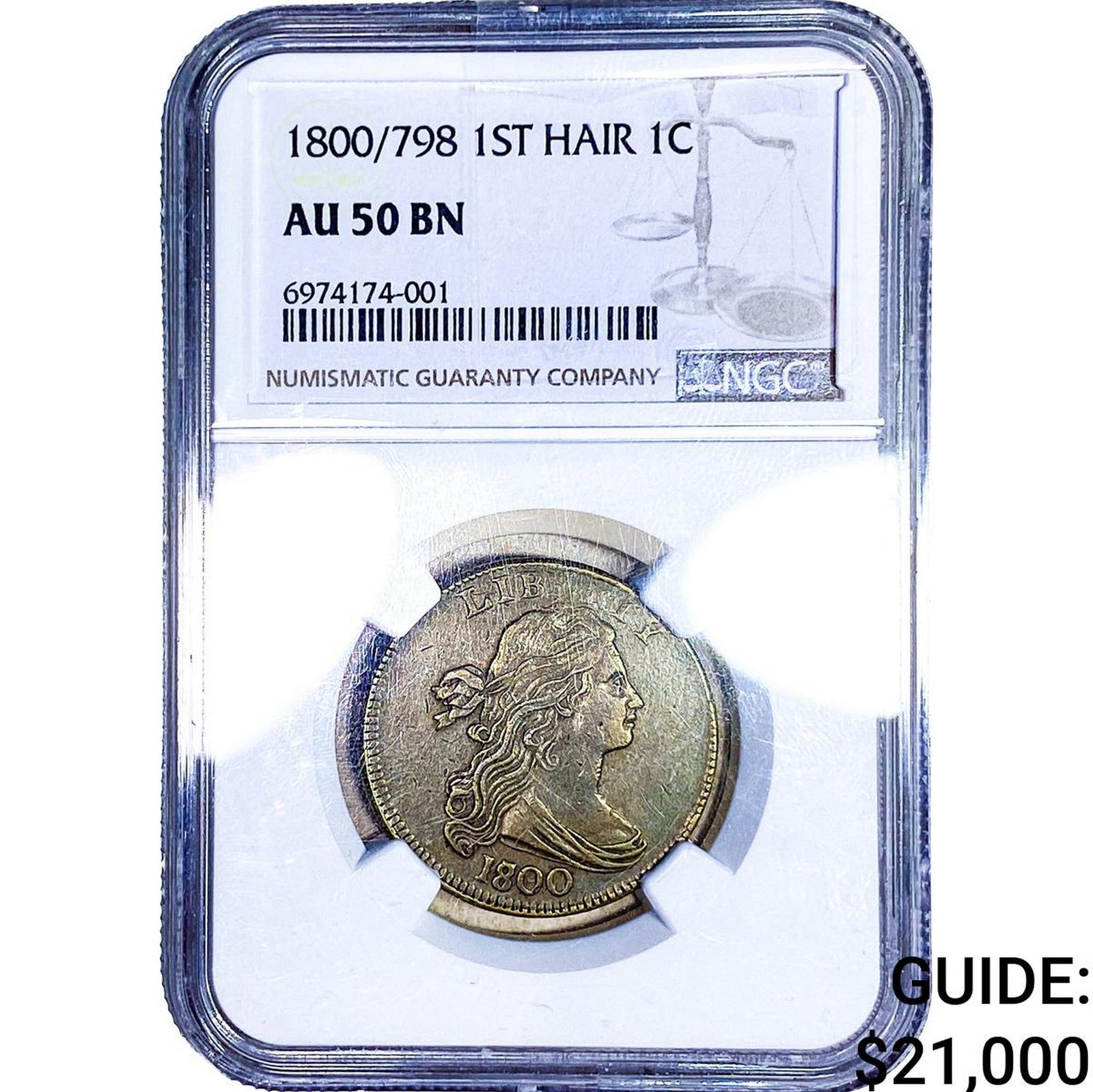 1800/798 Draped Bust Large Cent NGC AU50 BN 1st Hair: 1800/798 Draped Bust Large Cent NGC AU50 BN 1st Hair