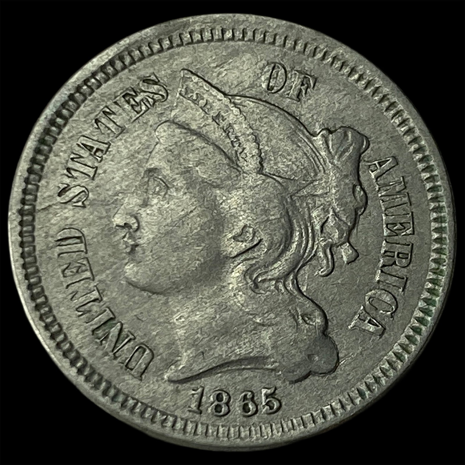 1865 Nickel Three-Cent Piece NEARLY UNCIRCULATED: 1865 Nickel Three-Cent Piece NEARLY UNCIRCULATED