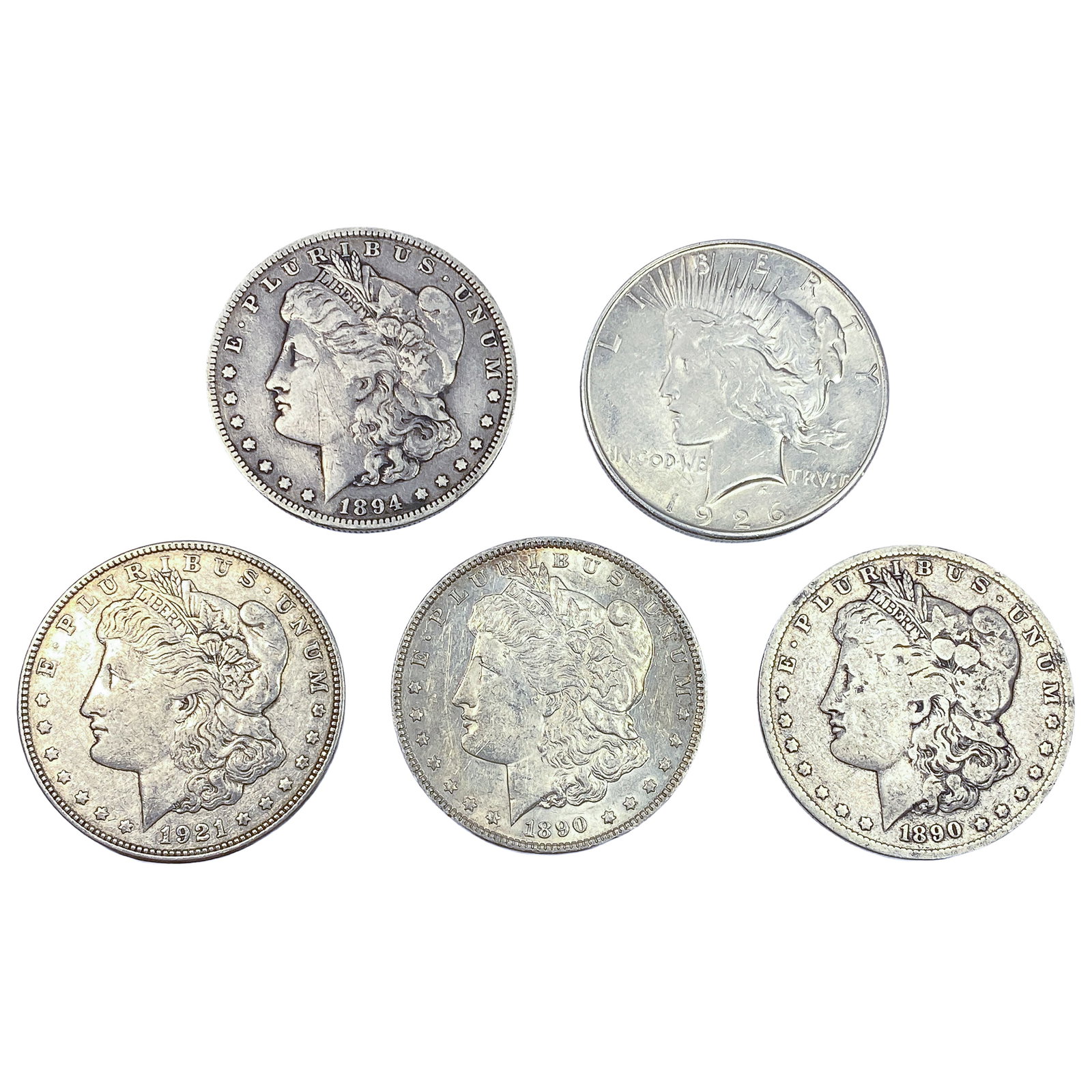 [5 Coins] 1890-1926 Silver Morgan & Peace $1s: [5 Coins] 1890-1926 Silver Morgan & Peace $1s