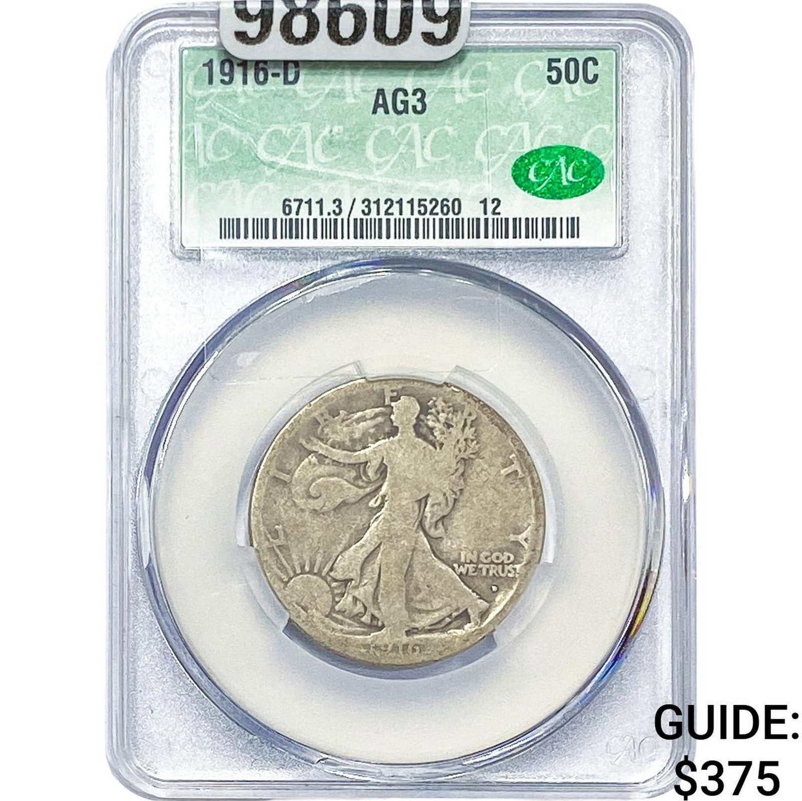 1916-D Walking Liberty Half Dollar CAC AG3: 1916-D Walking Liberty Half Dollar CAC AG3