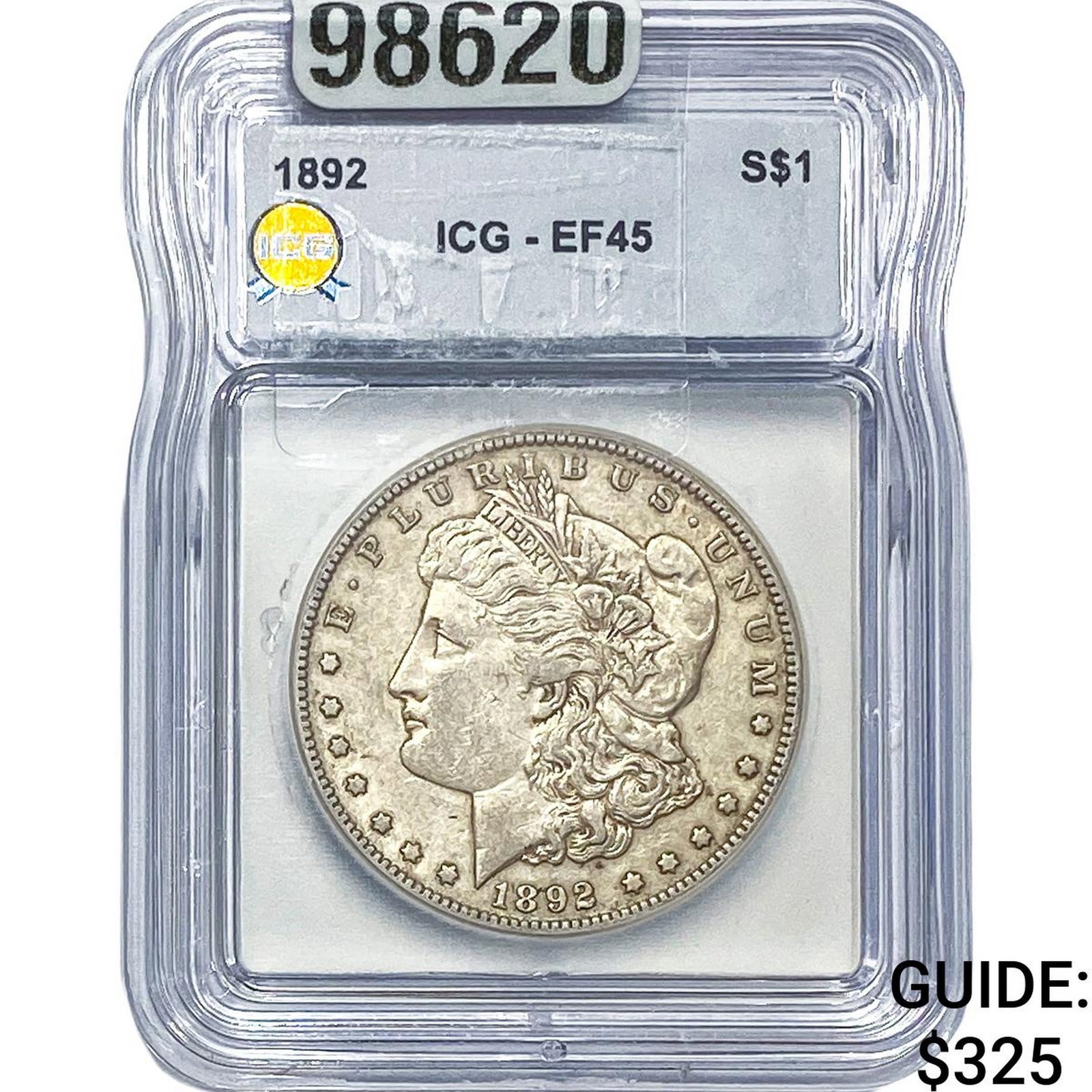 1892 Morgan Silver Dollar ICG EF45: 1892 Morgan Silver Dollar ICG EF45