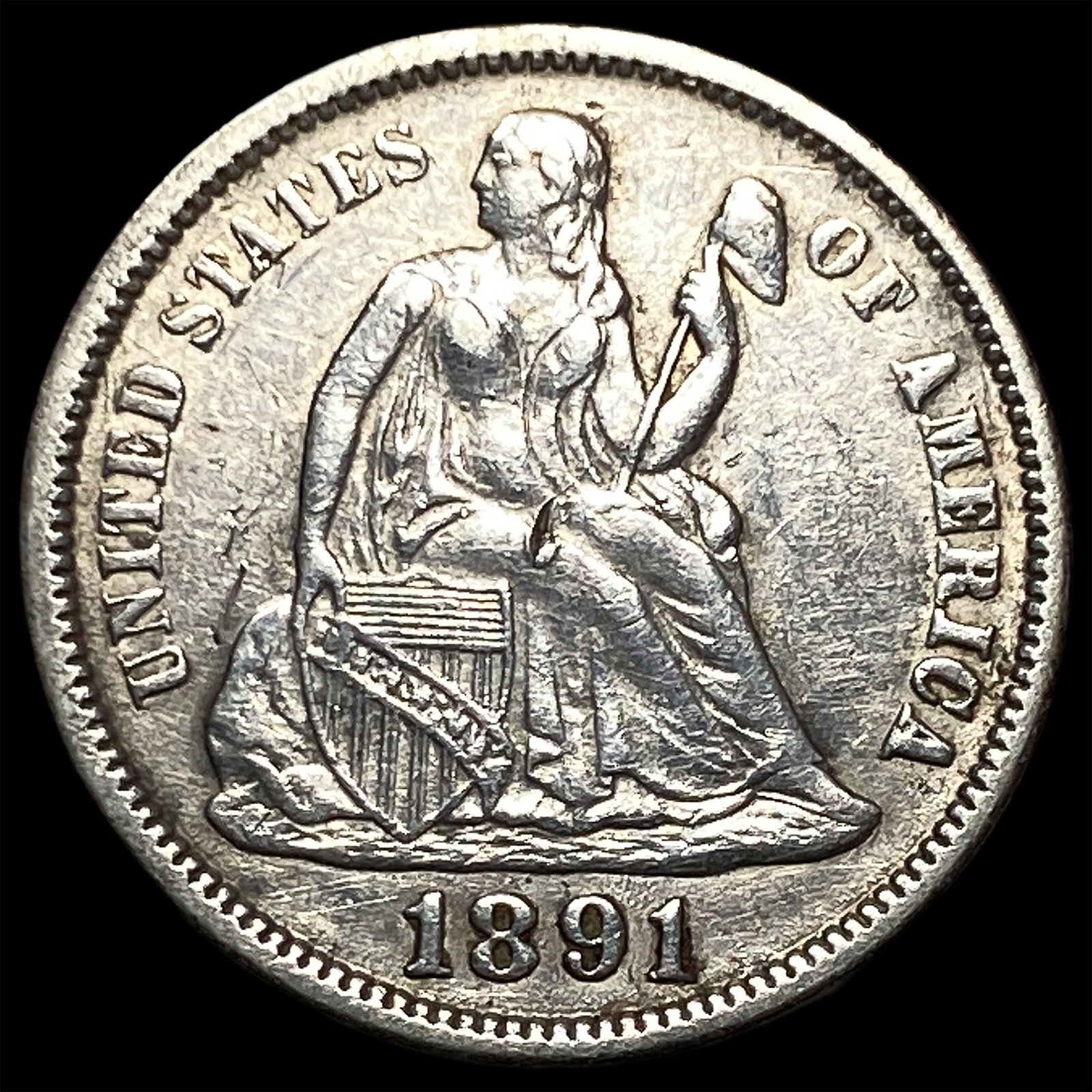 1891 Silver Dime (Seated Liberty) CLOSELY UNCIRCULATED: 1891 Silver Dime (Seated Liberty) CLOSELY UNCIRCULATED