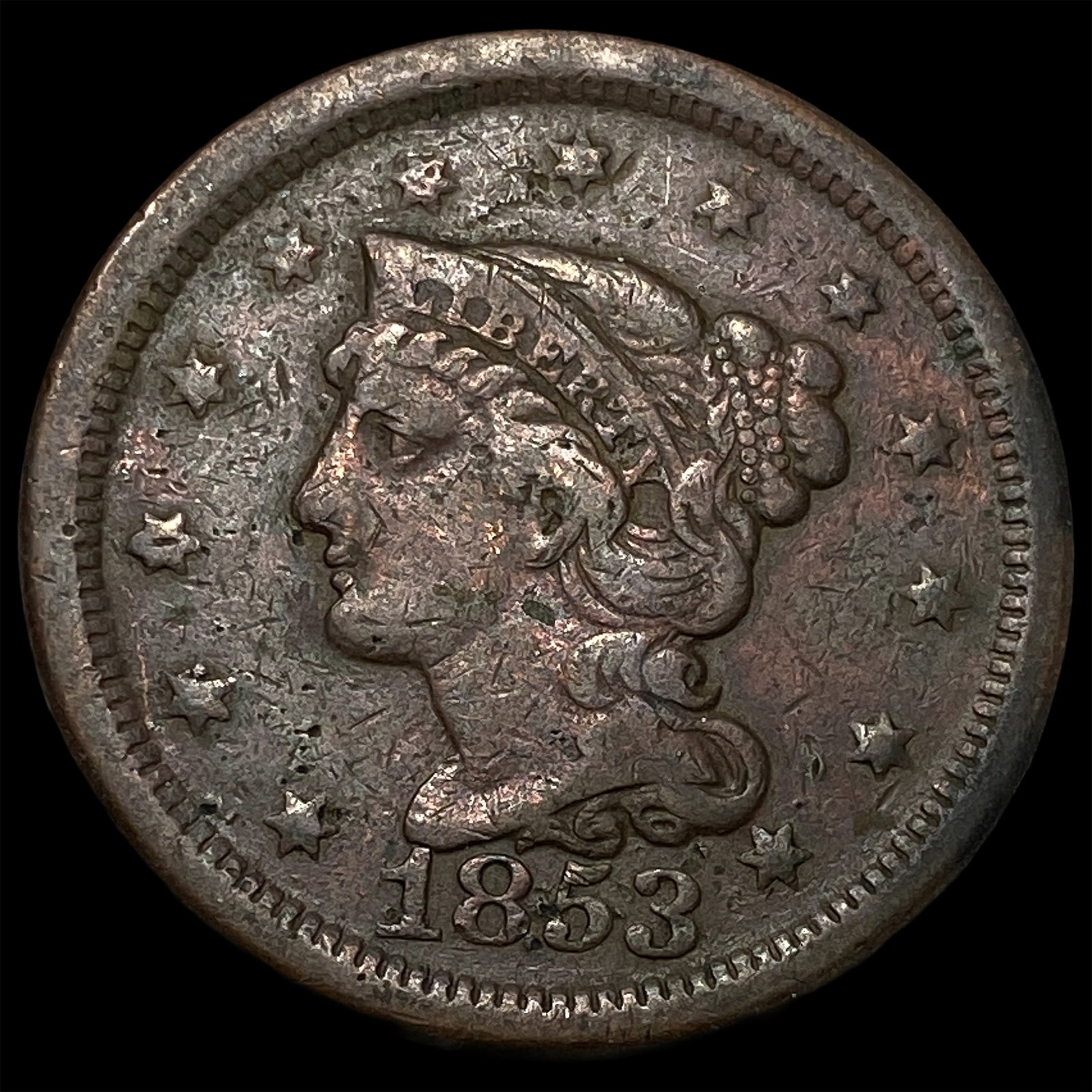 1853 RB Braided Hair Large Cent CLOSELY UNCIRCULATED: 1853 RB Braided Hair Large Cent CLOSELY UNCIRCULATED