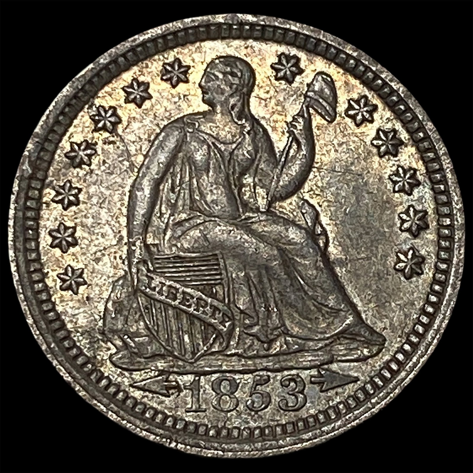 1853 Arrows Seated Liberty Half Dime CLOSELY UNCIRCULATED: 1853 Arrows Seated Liberty Half Dime CLOSELY UNCIRCULATED