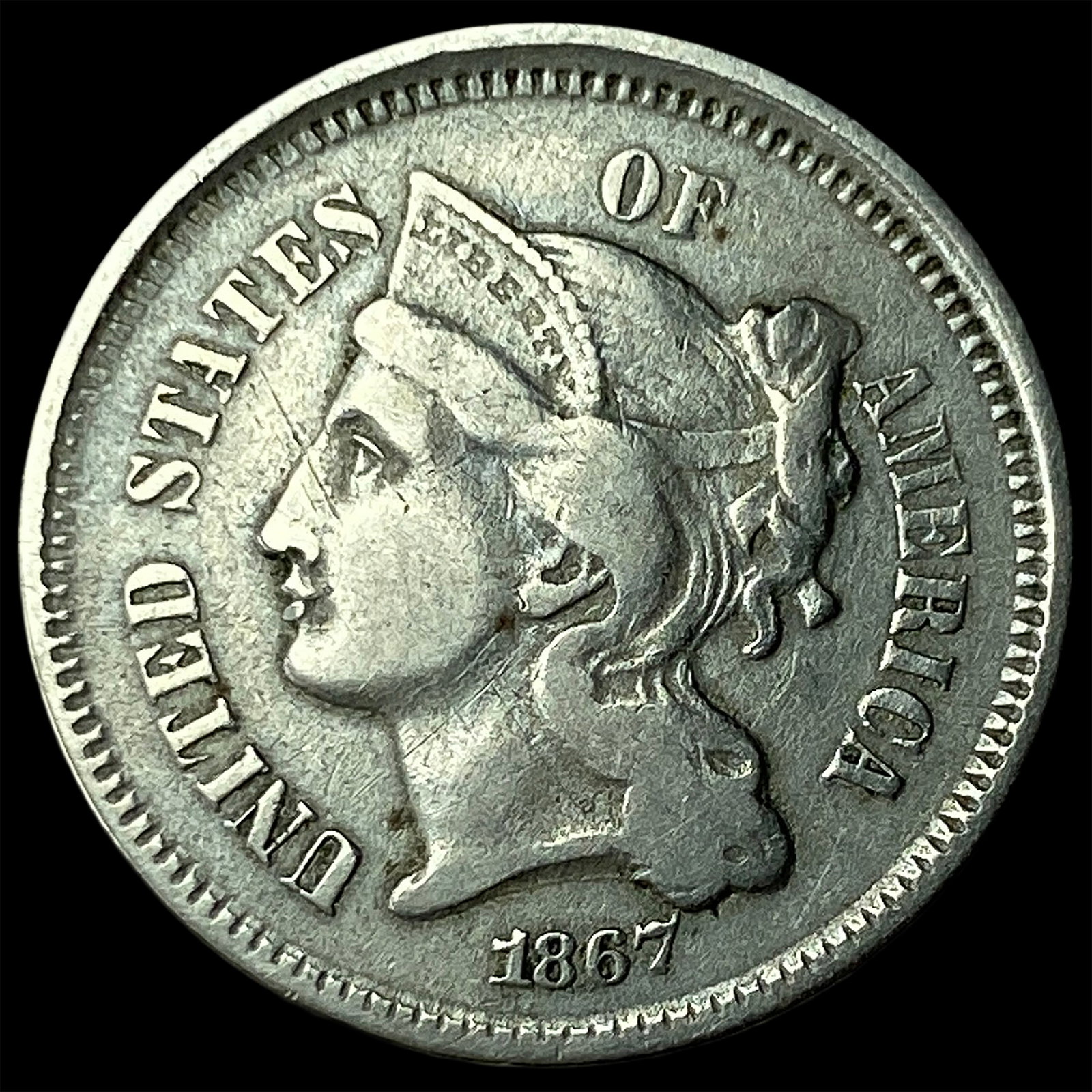 1867 Nickel Three-Cent Piece NEARLY UNCIRCULATED: 1867 Nickel Three-Cent Piece NEARLY UNCIRCULATED