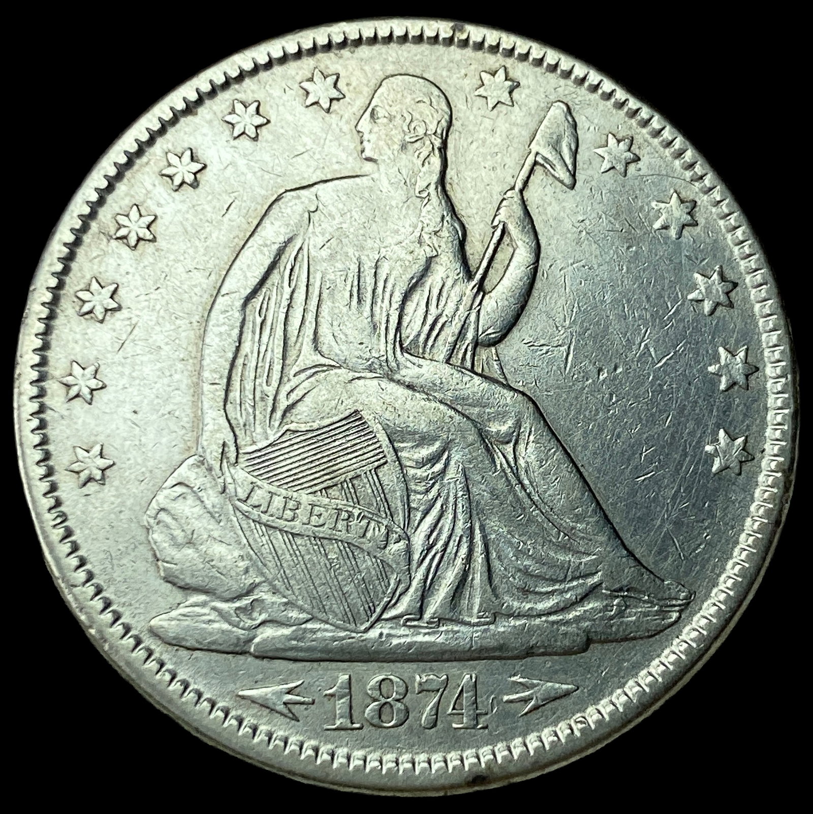 1874 Arrows Seated Liberty Half Dollar CLOSELY UNCIRCULATED: 1874 Arrows Seated Liberty Half Dollar CLOSELY UNCIRCULATED