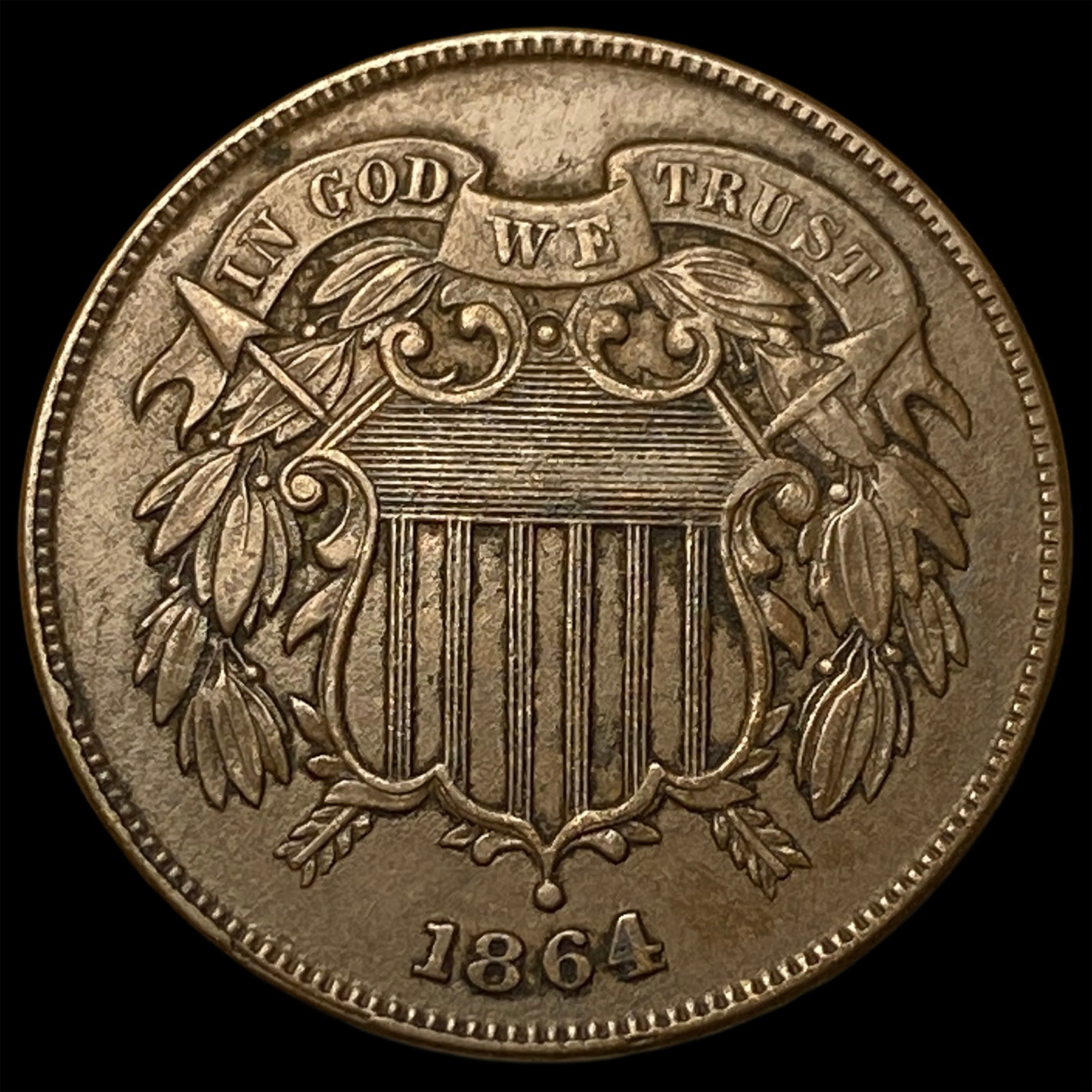 1864 BN Two-Cent Piece CHOICE AU: 1864 BN Two-Cent Piece CHOICE AU