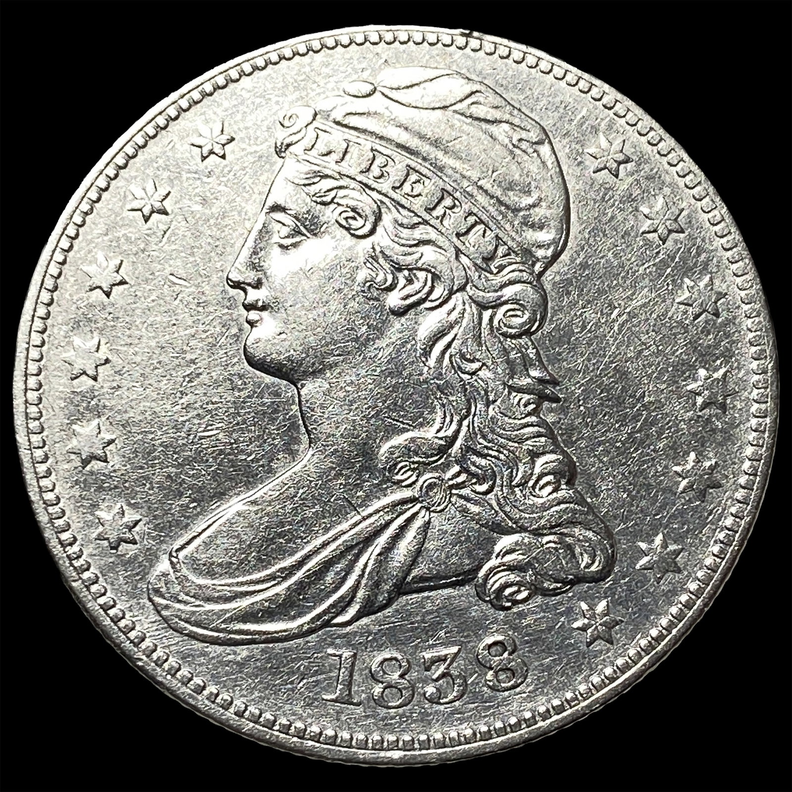 1838 Silver Half Dollar (Capped Bust) CLOSELY UNCIRCULATED: 1838 Silver Half Dollar (Capped Bust) CLOSELY UNCIRCULATED