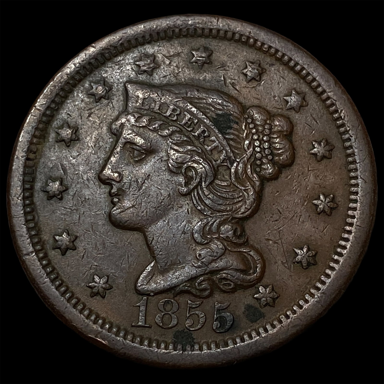 1855 Braided Hair Large Cent CLOSELY UNCIRCULATED: 1855 Braided Hair Large Cent CLOSELY UNCIRCULATED