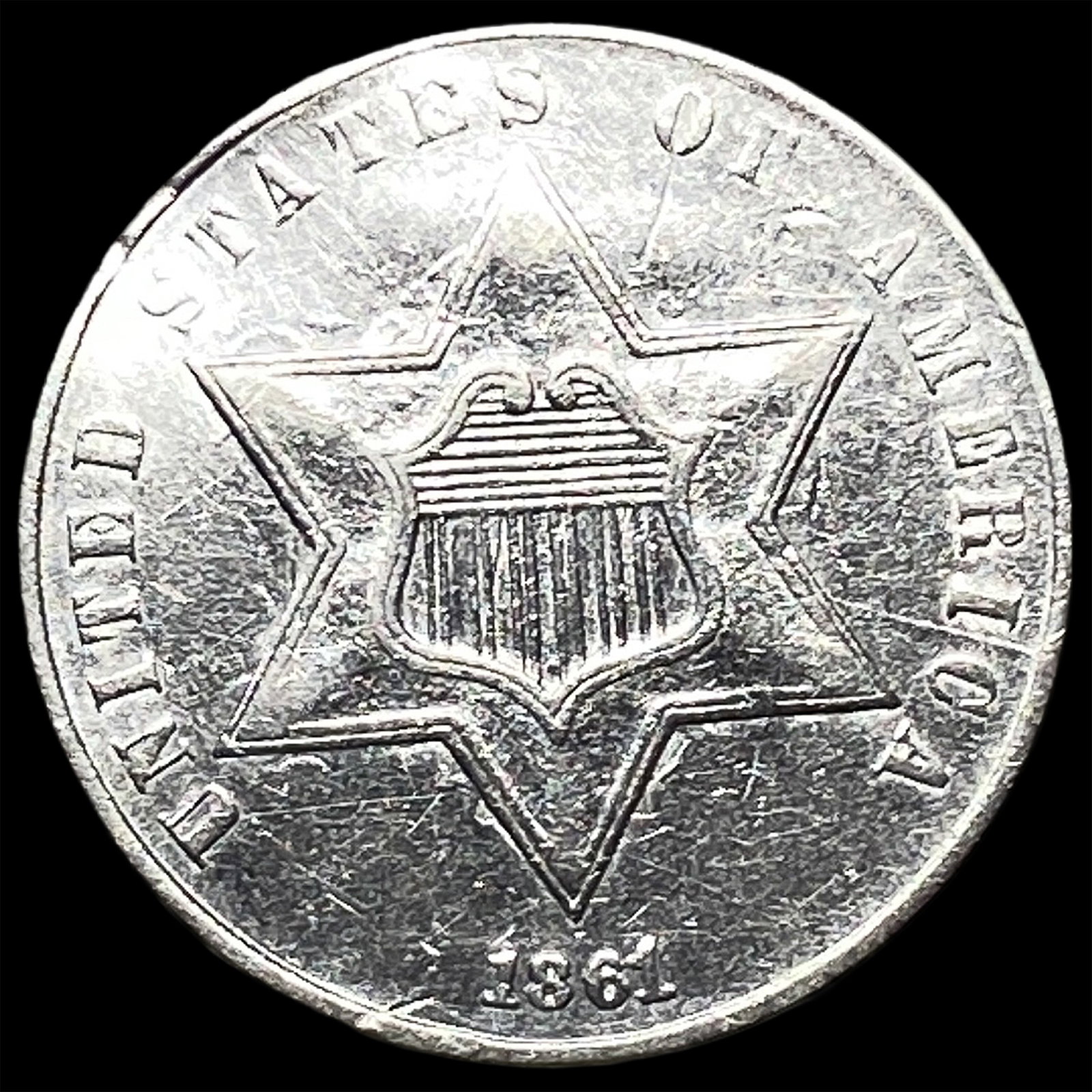 1861 Silver Three-Cent Piece CLOSELY UNCIRCULATED: 1861 Silver Three-Cent Piece CLOSELY UNCIRCULATED