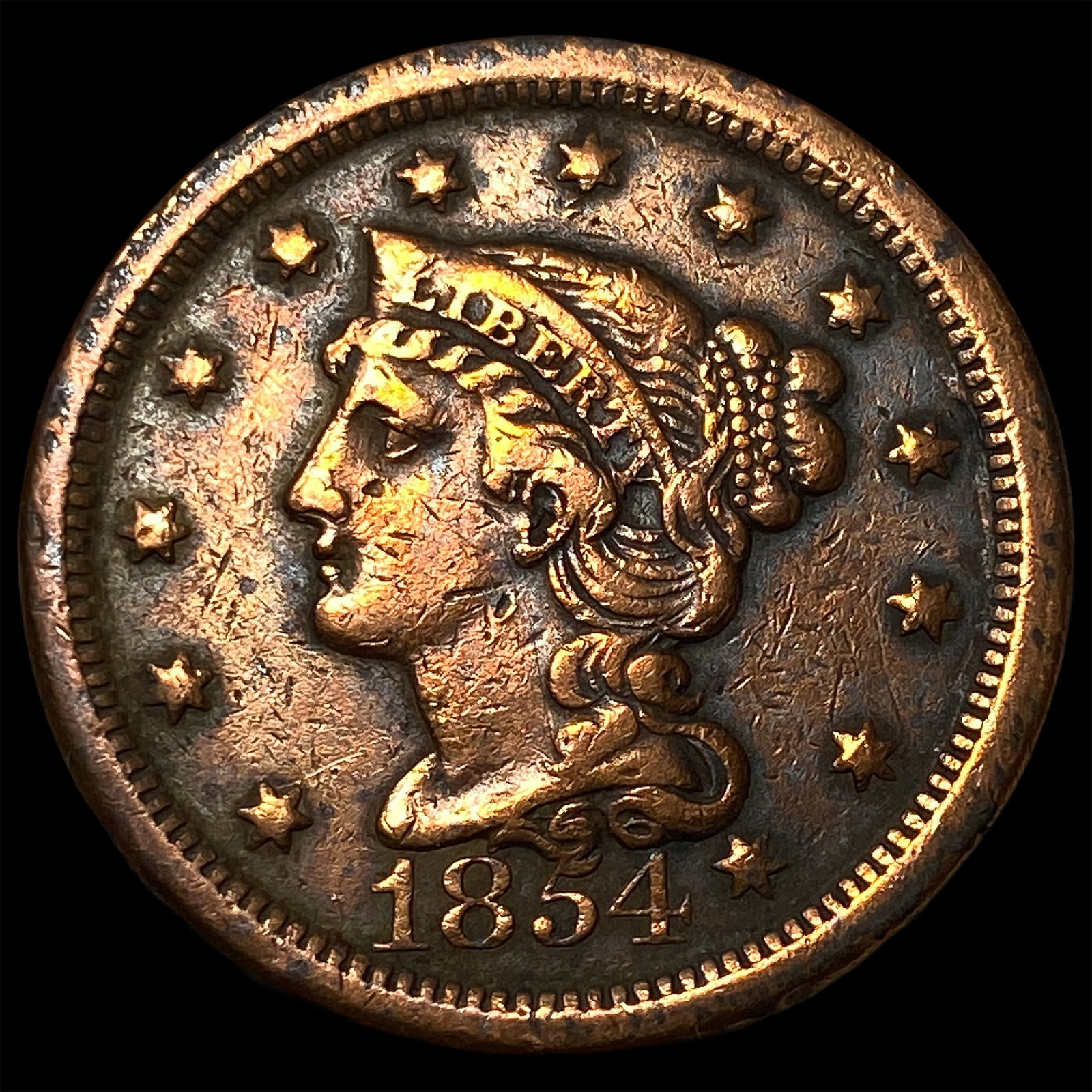 1854 Braided Hair Large Cent CLOSELY UNCIRCULATED: 1854 Braided Hair Large Cent CLOSELY UNCIRCULATED