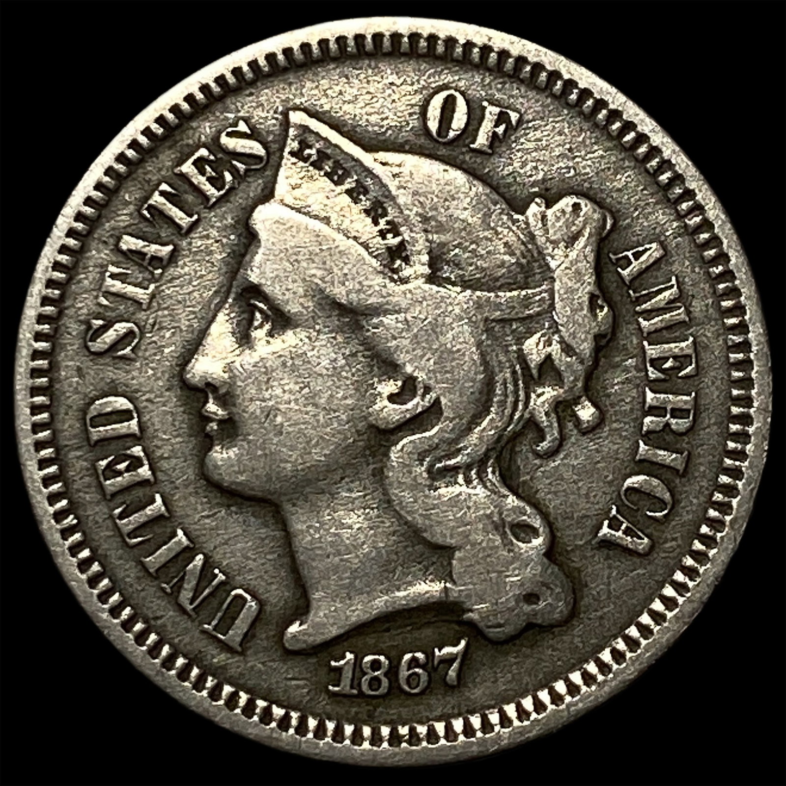 1867 Nickel Three-Cent Piece NEARLY UNCIRCULATED: 1867 Nickel Three-Cent Piece NEARLY UNCIRCULATED