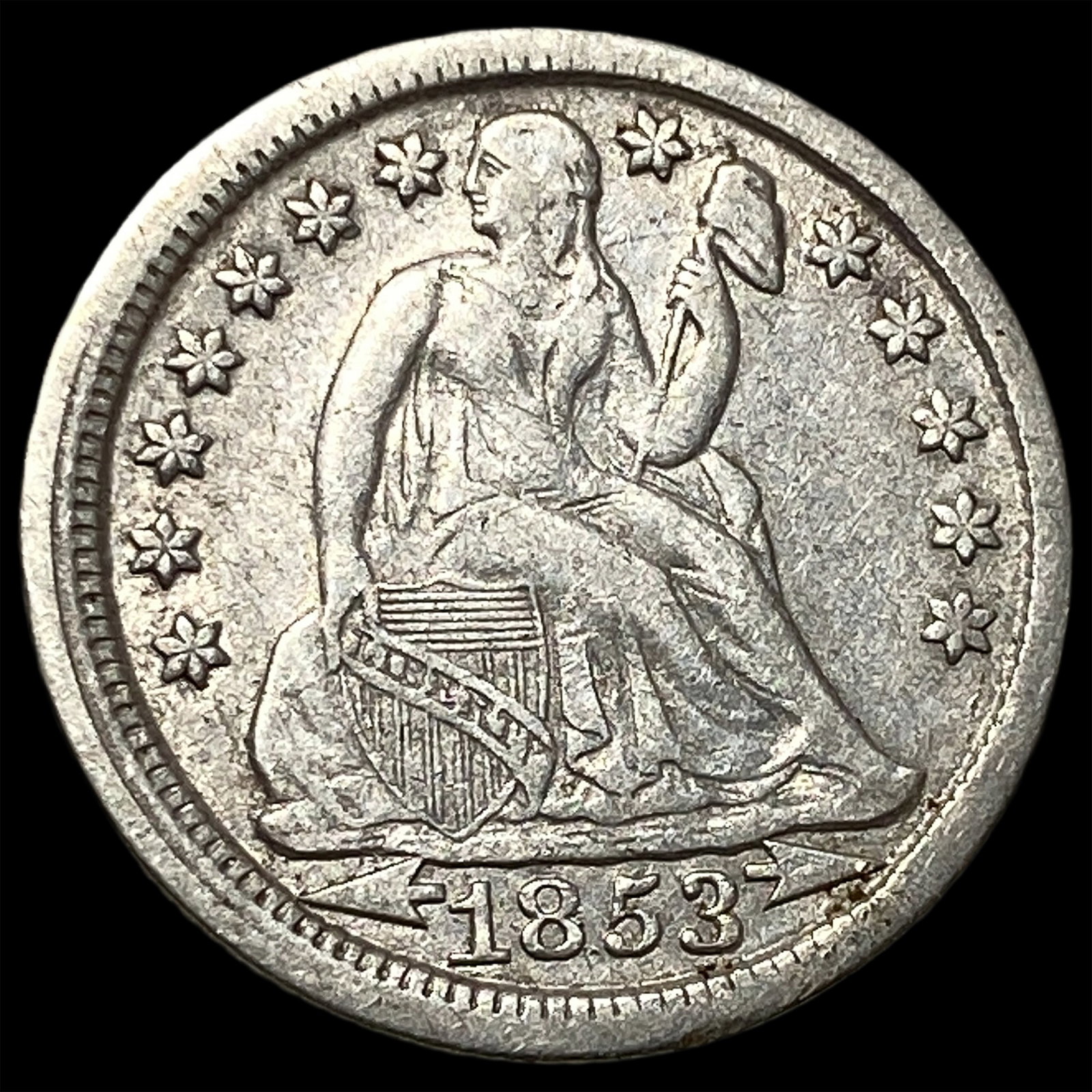 1853 Arrows Seated Liberty Silver Dime CLOSELY UNCIRCULATED: 1853 Arrows Seated Liberty Silver Dime CLOSELY UNCIRCULATED