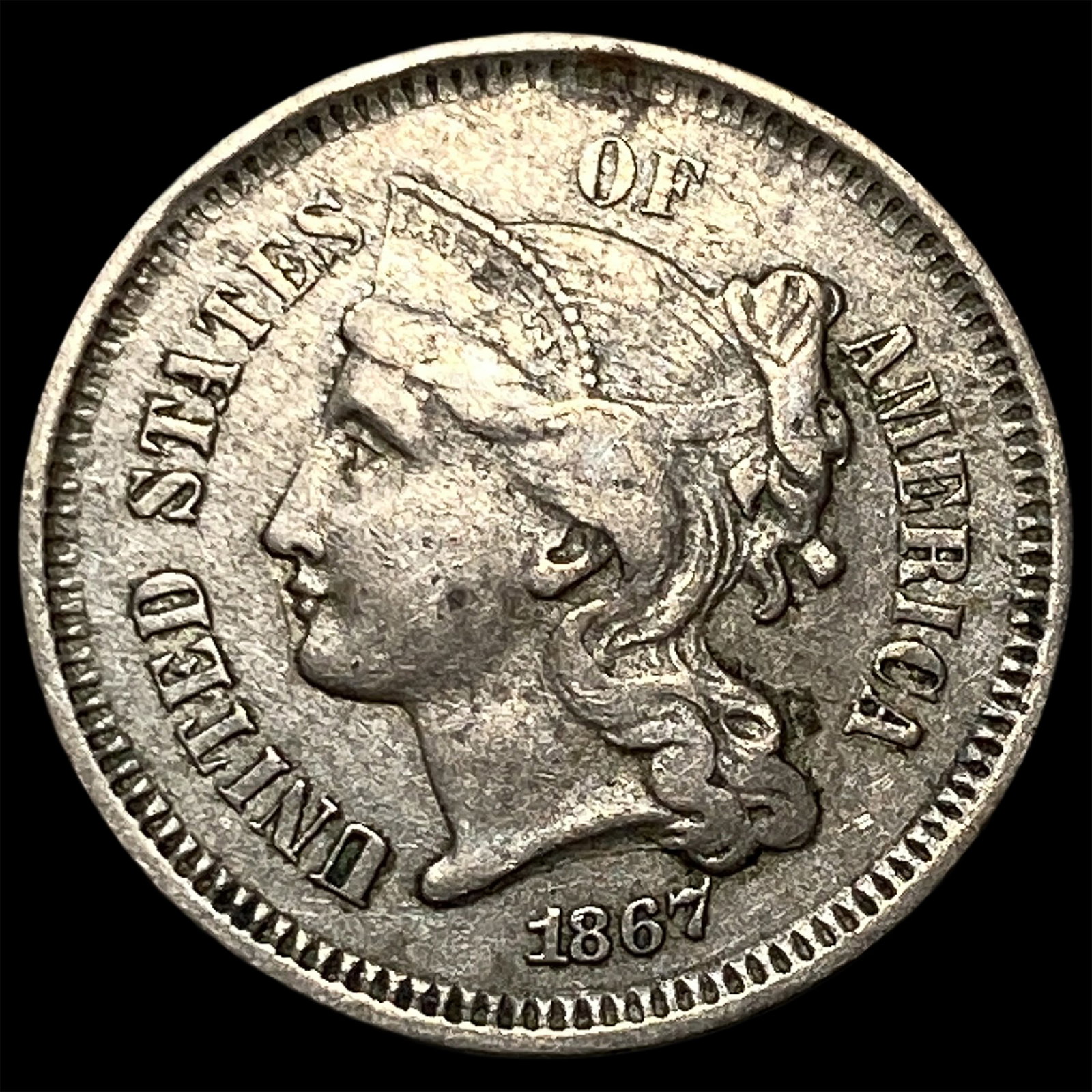 1867 Nickel Three-Cent Piece CLOSELY UNCIRCULATED: 1867 Nickel Three-Cent Piece CLOSELY UNCIRCULATED